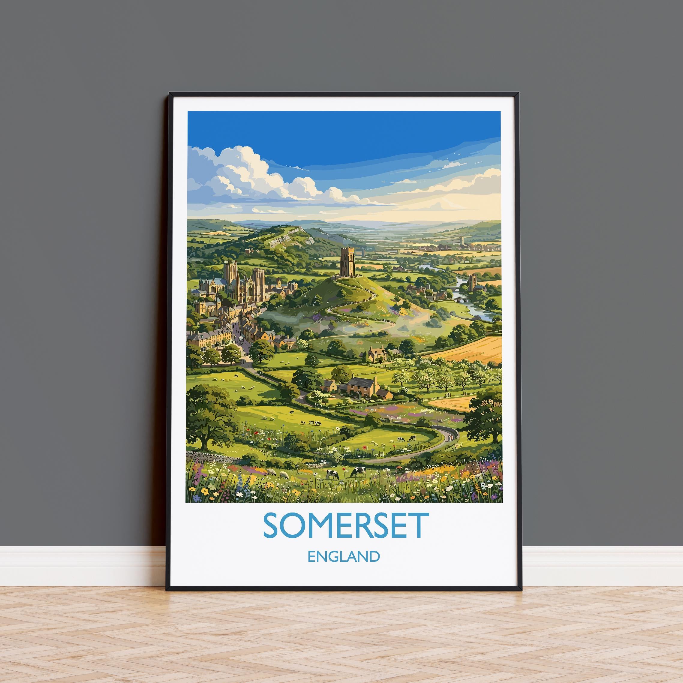 Somerset England Travel Poster, Somerset Countryside Wall Art, Cheddar Gorge Print, Wells Cathedral Illustration, Vintage Style UK Decor