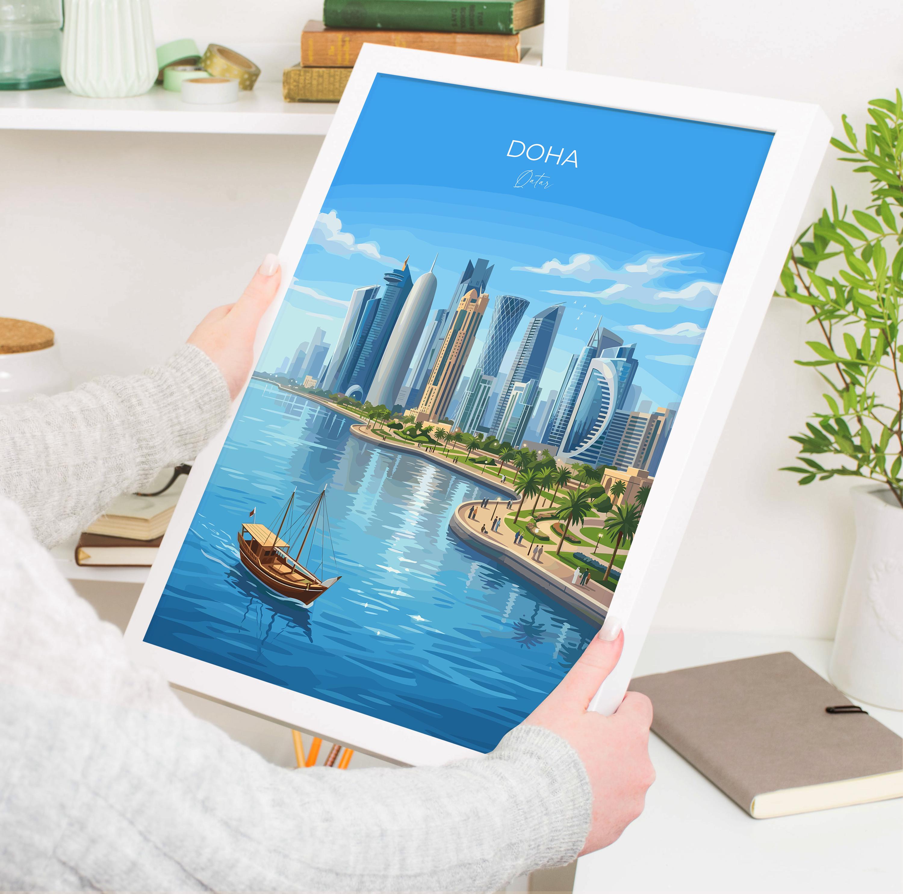 Doha Qatar Travel Print, Doha Skyline Wall Art, Modern Cityscape Poster, Arabian Gulf Illustration, Vintage Style Middle East Decor