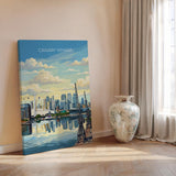 Canary Wharf London Travel Print, Royal Victoria Dock Wall Art, London Skyline Poster, O2 & Cable Car, East London Travel Poster