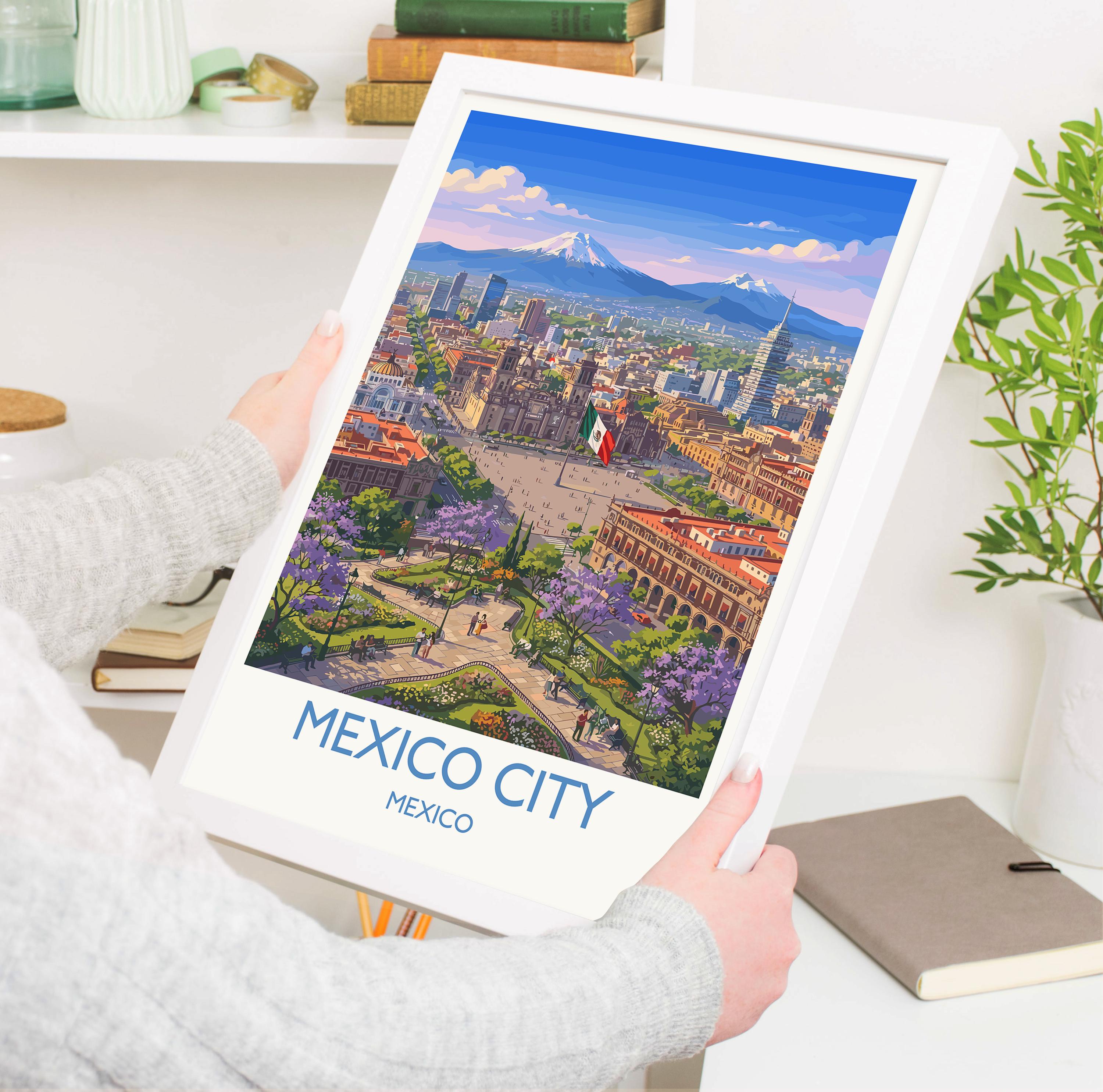 Mexico City Travel Poster, CDMX Skyline Wall Art, Palacio de Bellas Artes Print, Historic Centre Illustration, Vintage Style Mexico Decor
