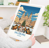 Salzburg Christmas Market Print, Austria Winter Wall Art with Border, Salzburg Cathedral Poster, Austrian Travel Print, Salzburg Gift