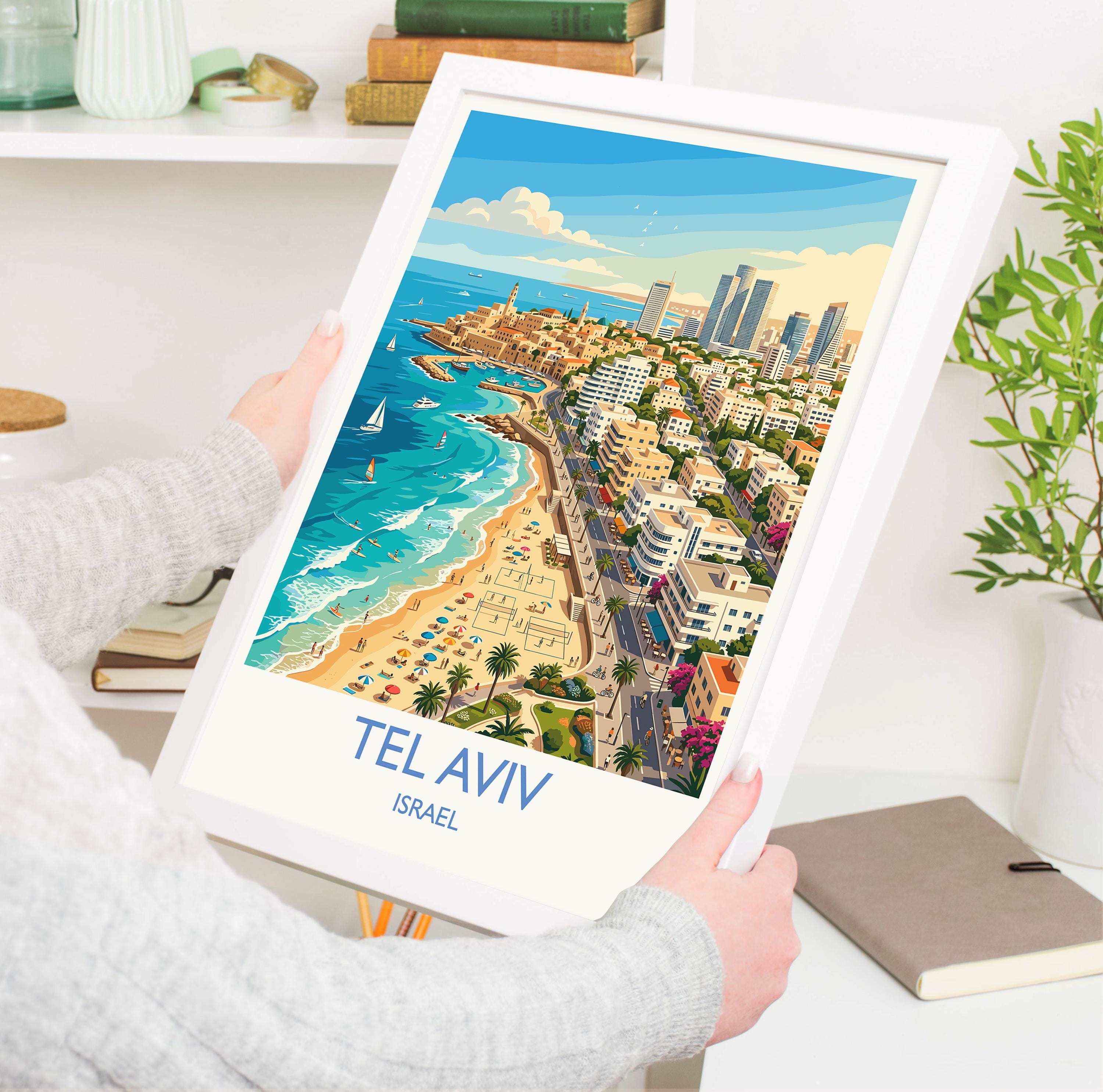 Tel Aviv Israel Travel Poster, Tel Aviv Skyline Wall Art, Mediterranean Beach Print, White City Illustration, Vintage Style Israel Decor