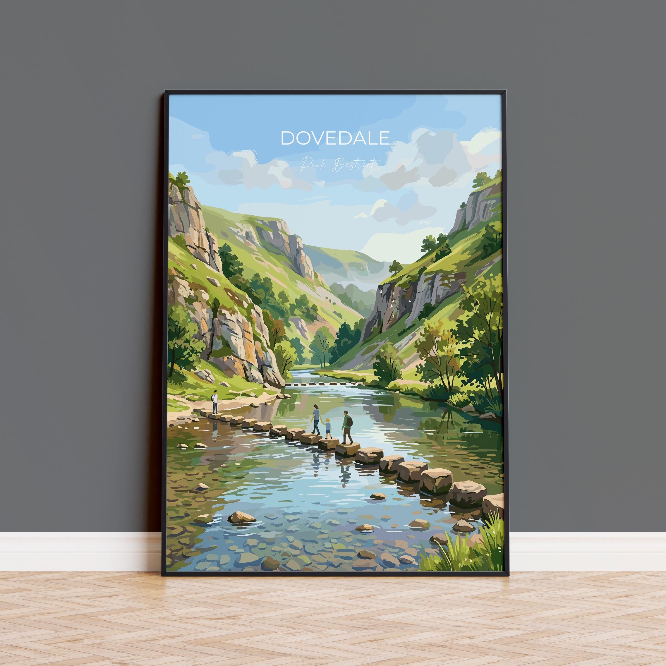 Dovedale Stepping Stones Travel Poster, Peak District Wall Art, Derbyshire Landscape Print, River Dove Illustration, UK Nature Decor