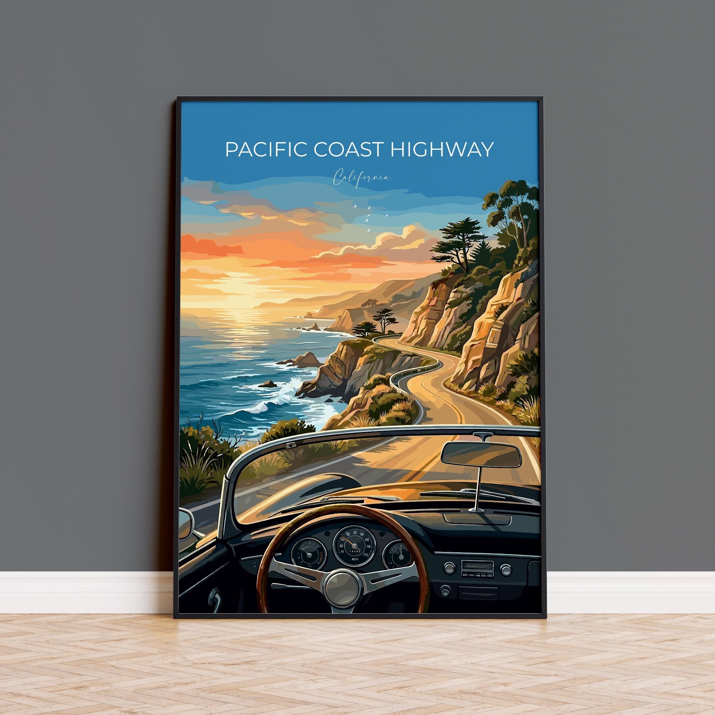 Pacific Coast Highway Travel Print, California Coast Wall Art, Big Sur Scenic Drive Poster, Highway 1 Illustration, Vintage Style USA Decor