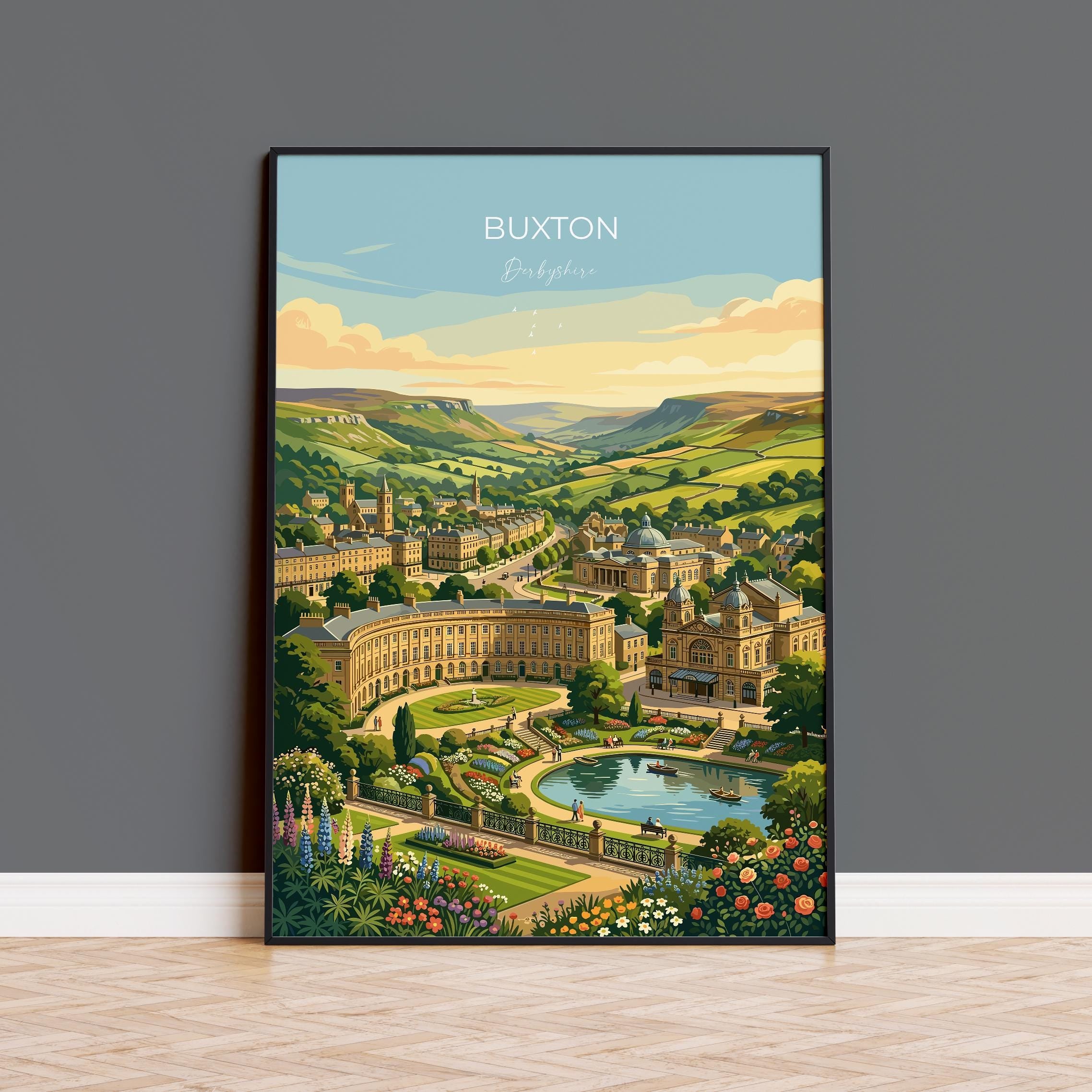 Buxton Derbyshire Travel Print, Peak District Wall Art, Buxton Crescent & Opera House Poster, Historic Spa Town Art, Vintage Style UK Decor
