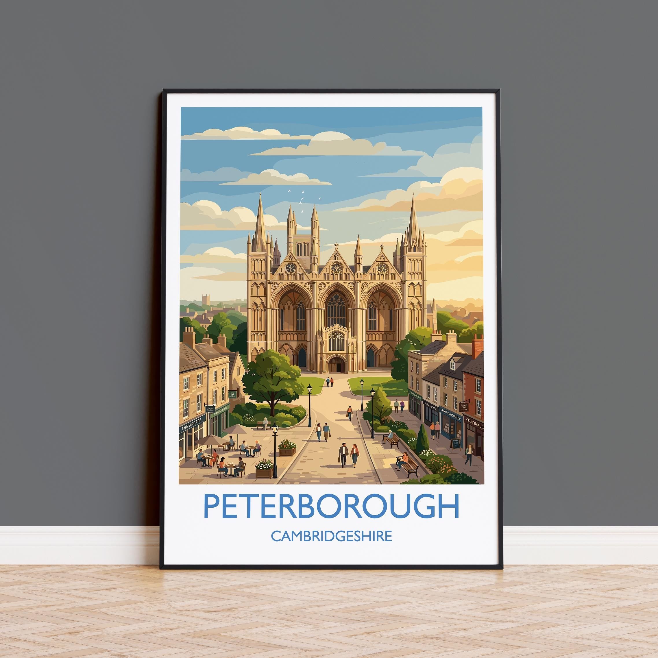 Peterborough Cambridgeshire Travel Poster, Peterborough Cathedral Wall Art, Historic City Print, England Illustration, Vintage Style Decor