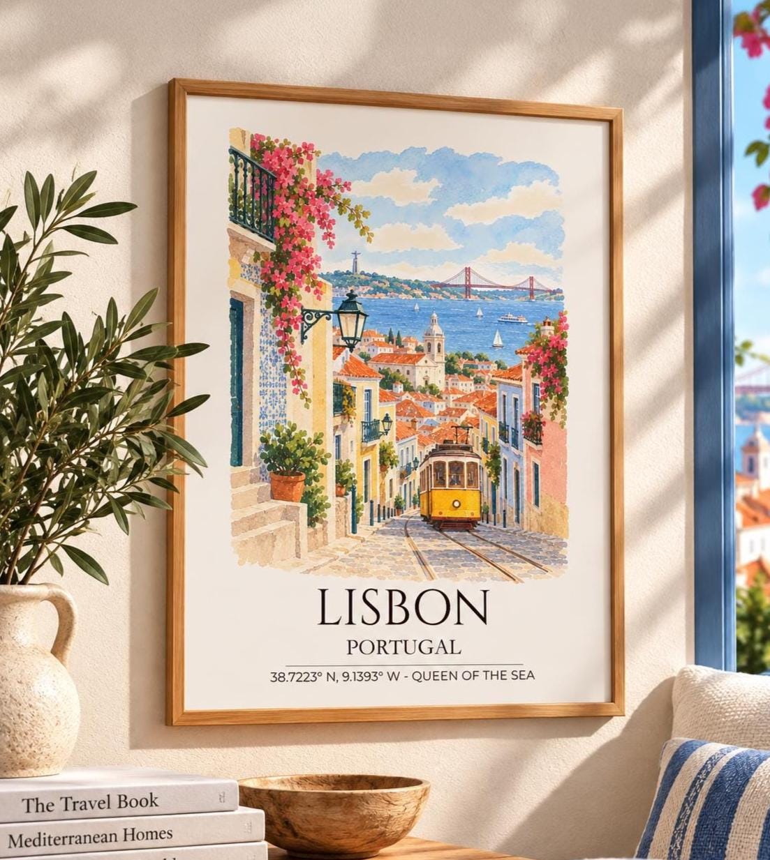 Lisbon Portugal Watercolour Print, Belém Tower Wall Art, Alfama Tram Poster, Tagus River Print, Portuguese Coordinates Print