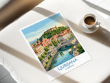 Ljubljana Slovenia Print, Dragon Bridge Wall Art with Border, Ljubljana Castle Poster, Slovenia Travel Print, Ljubljana Gift Print