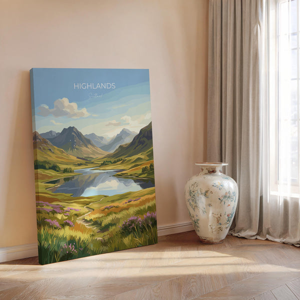 Scottish Highlands Travel Poster, Scotland Landscape Wall Art, Mountain & Loch Print, Dramatic Nature Illustration, UK Decor, Scotland Gift