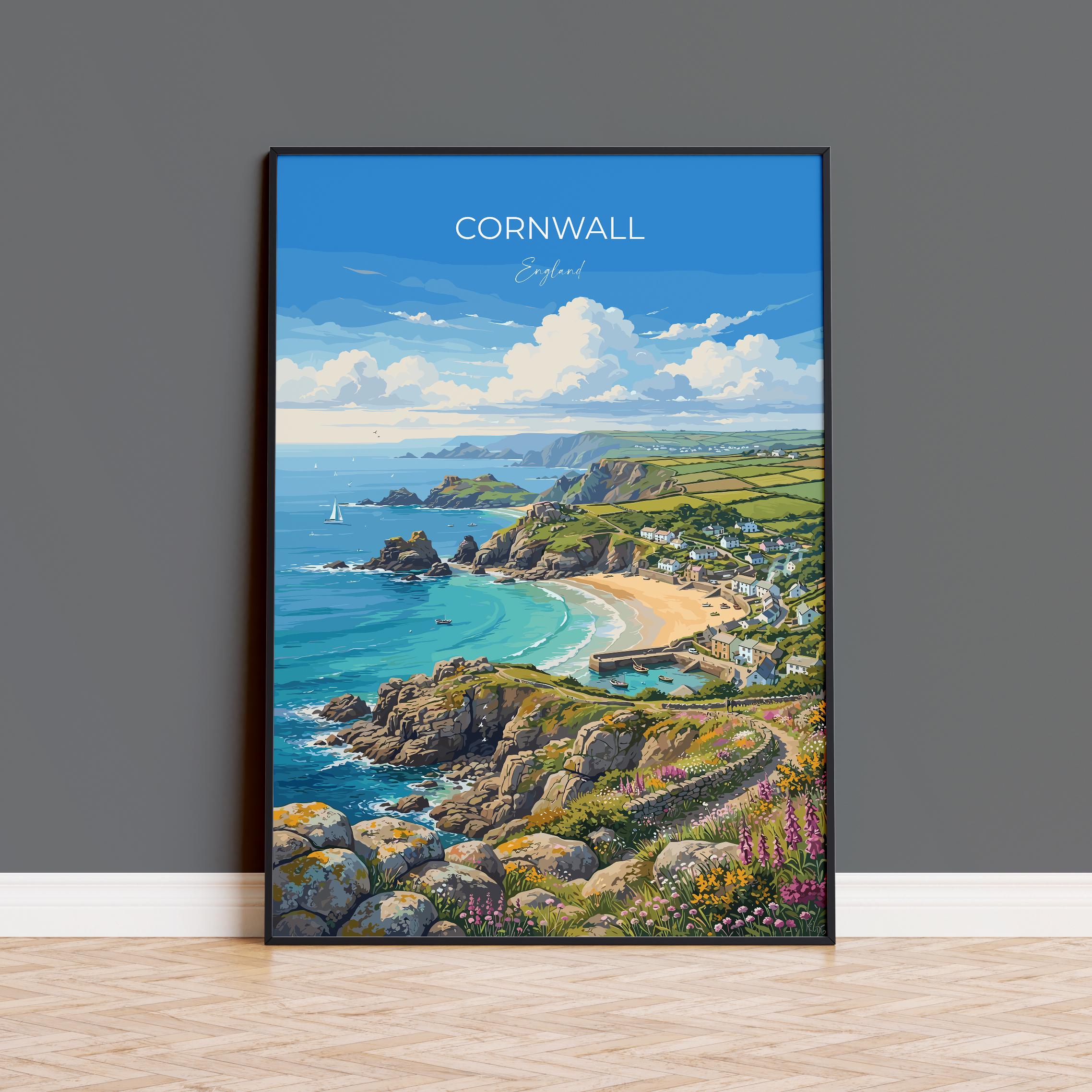 Cornwall England Travel Print, Cornish Coast Wall Art, Coastal Landscape Poster, Seaside Illustration, Vintage Style UK Decor
