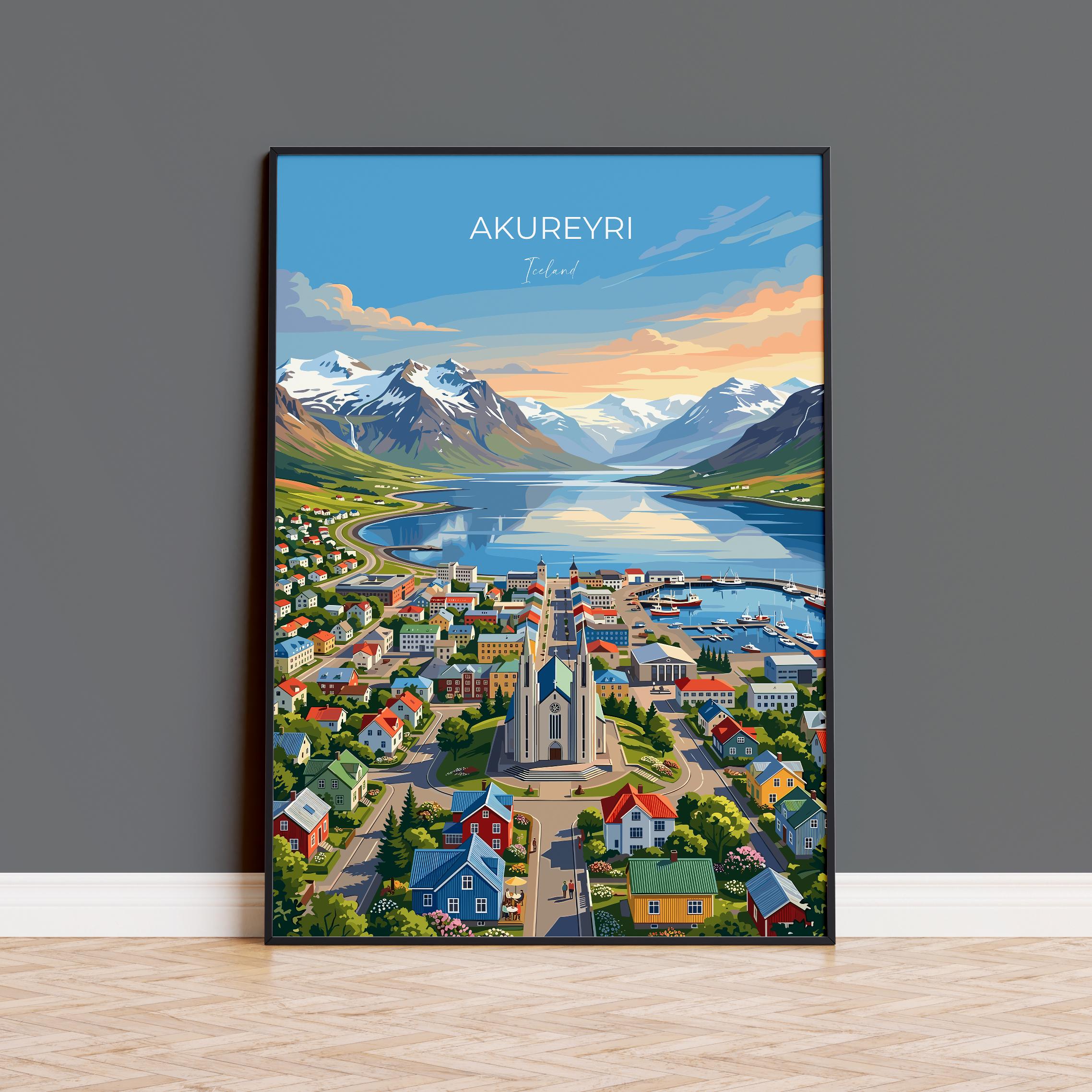 Akureyri Iceland Travel Print, Akureyrarkirkja Wall Art, Eyjafjörður Poster, Iceland Landscape Illustration, Vintage Style Nordic Decor
