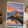 Eilean Donan Castle Scotland Travel Print, Scottish Highlands Castle Wall Art, Sunset Landscape Poster, Iconic Scotland Illustration