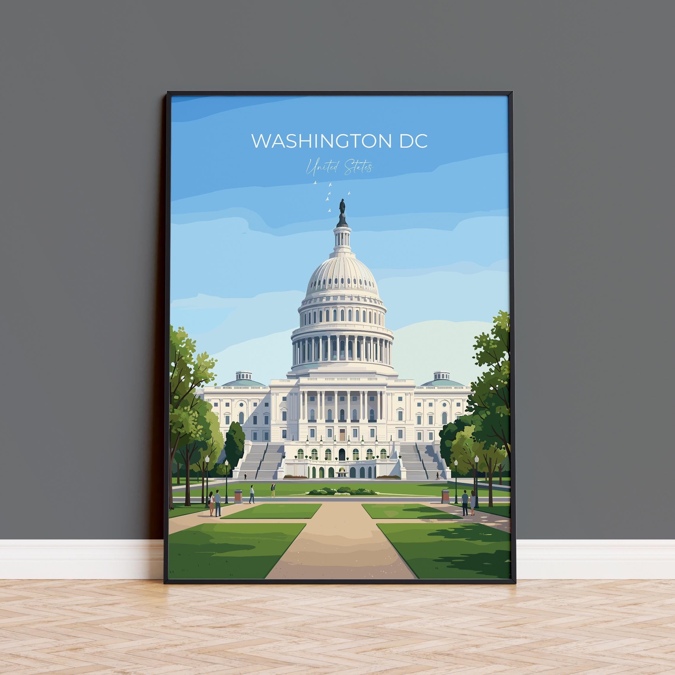 Washington DC Travel Print, Capitol Hill Wall Art, USA Landmark Poster, American Architecture Illustration, Vintage Style USA City Decor