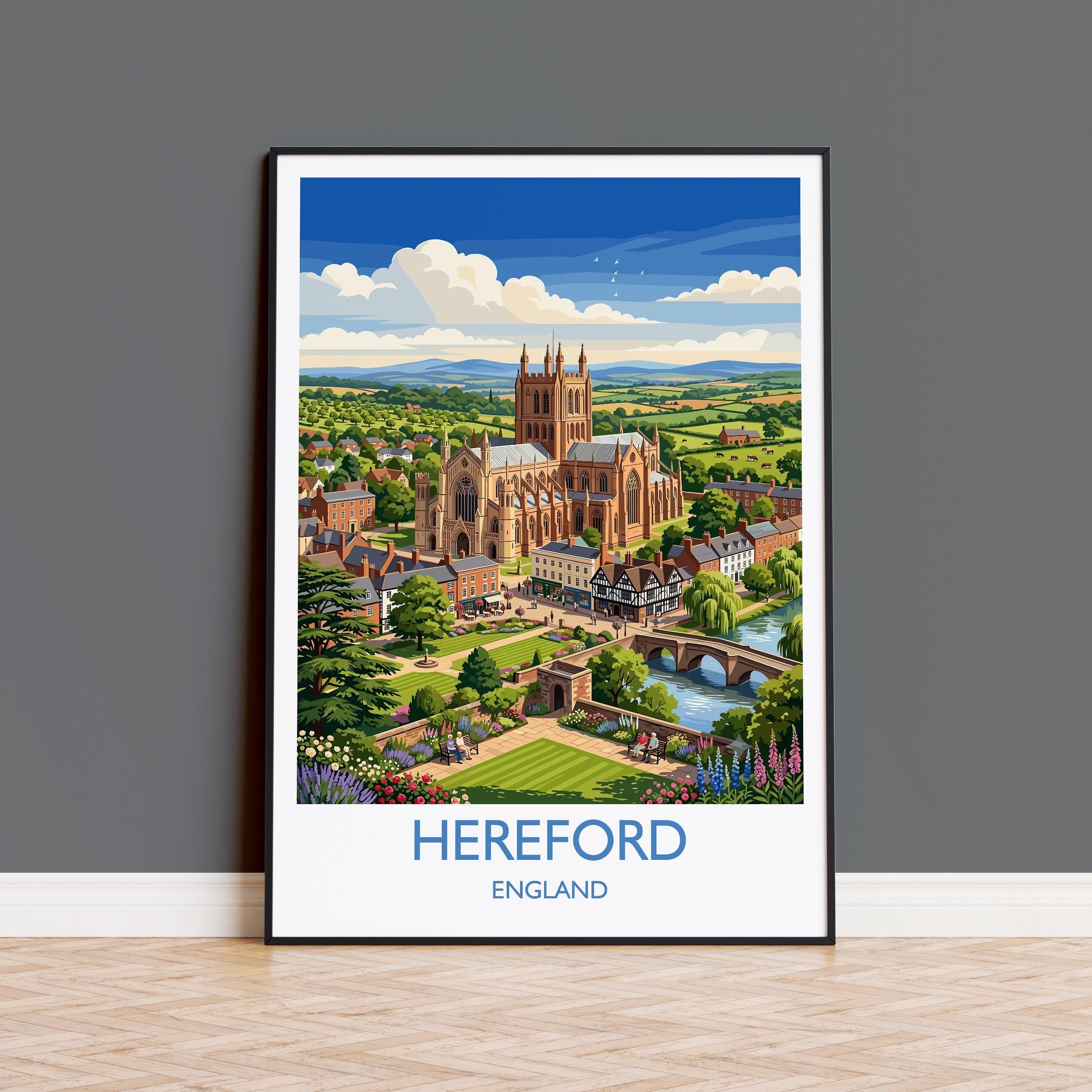 Hereford England Travel Poster, Hereford Cathedral Wall Art, River Wye Print, Historic City Illustration, Vintage Style UK Decor