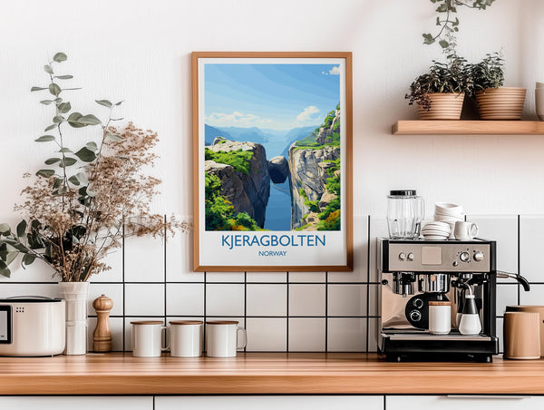 Kjeragbolten Travel Print, Travel Poster of Fjords, Norway Poster, Kjeragbolten Art Gift, Norway Art Lovers Travel Gift