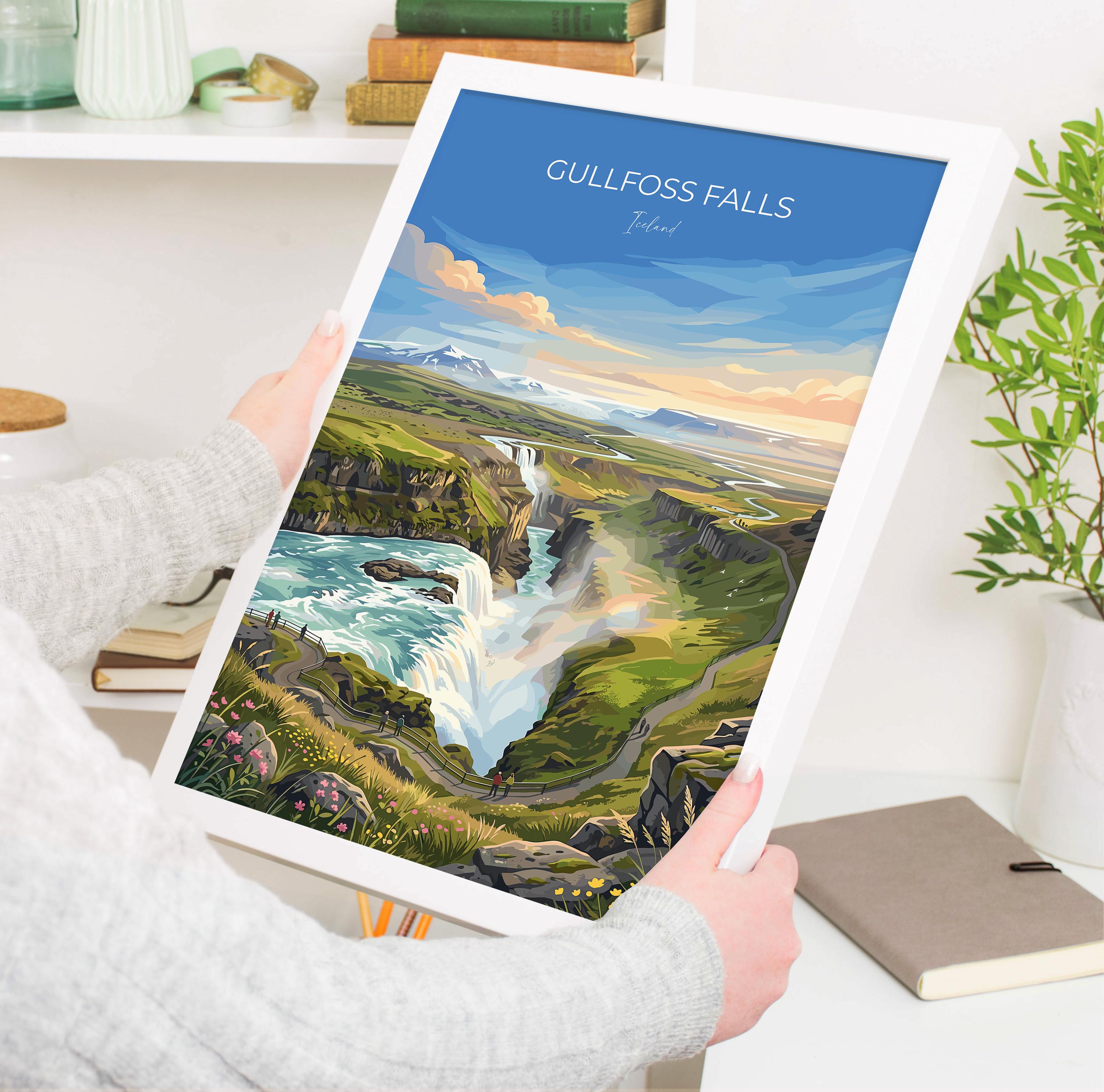 Gullfoss Waterfall Iceland Travel Print, Golden Circle Wall Art, Iceland Waterfall Poster, Landscape Art, Vintage Style Nordic Decor