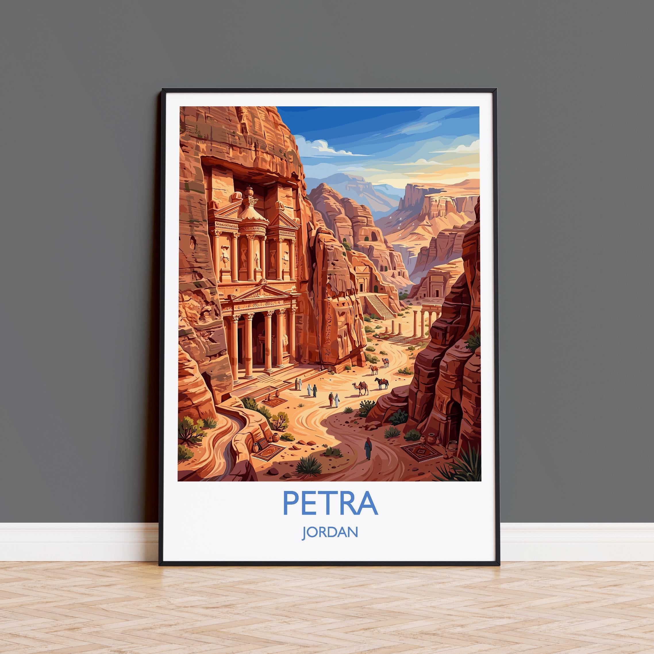 Petra Jordan Travel Poster, Al-Khazneh Treasury Wall Art, Rose City Print, Ancient Wonder Illustration, Vintage Style Middle East Decor