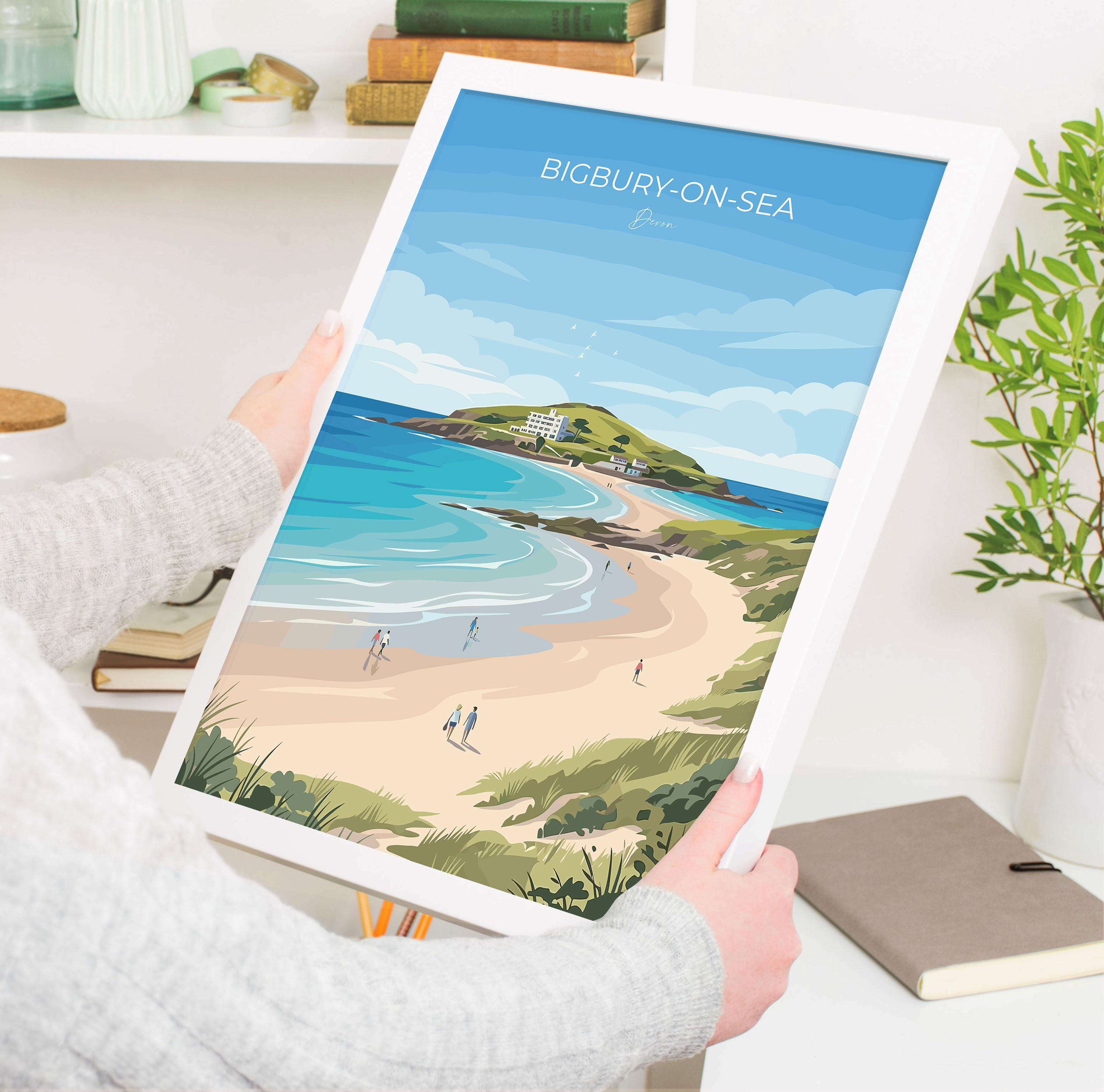 Bigbury on Sea Devon Travel Print, Burgh Island Coastal Wall Art, South Devon Beach Poster, Vintage Style Seaside Decor, UK Coast Gift NQ Media Designs