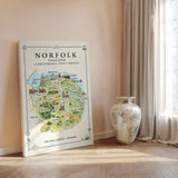 Norfolk Illustrated Map Print, England Wall Art, Norfolk Broads Map Poster, Framed or Canvas Print, Norfolk Gift