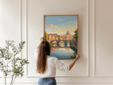Rome Tiber River Travel Print, Rome Skyline Wall Art, Historic Bridge & Cityscape Poster, Italy Landscape Illustration, Europe Decor