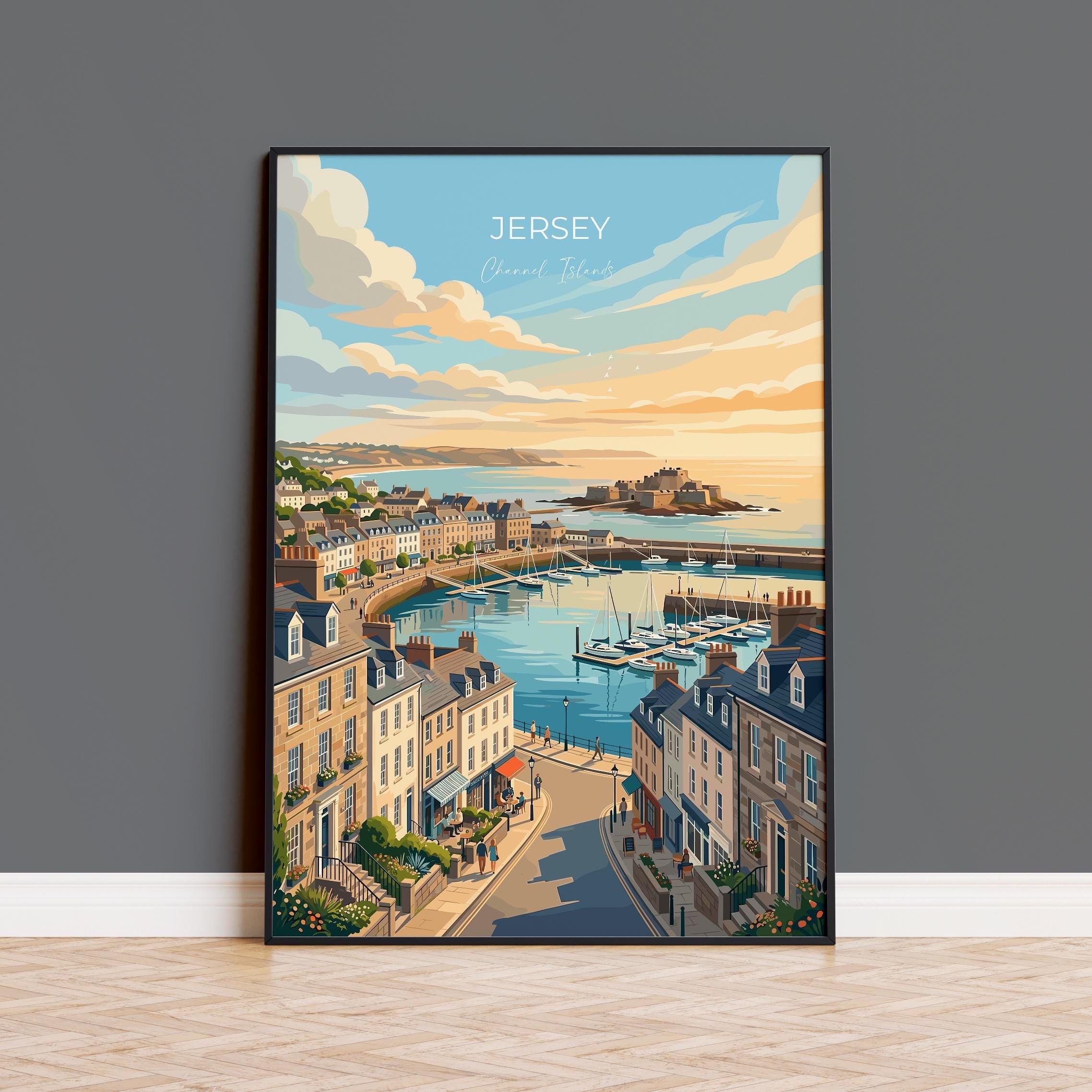 Jersey Channel Islands Travel Print, Coastal Wall Art, Harbour & Seaside Poster, British Island Illustration, Vintage Style UK Decor