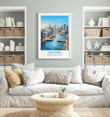 Salford Quays Travel Poster, Salford Manchester Wall Art, MediaCityUK Waterfront Print, Modern Skyline Illustration, Vintage Style UK Decor