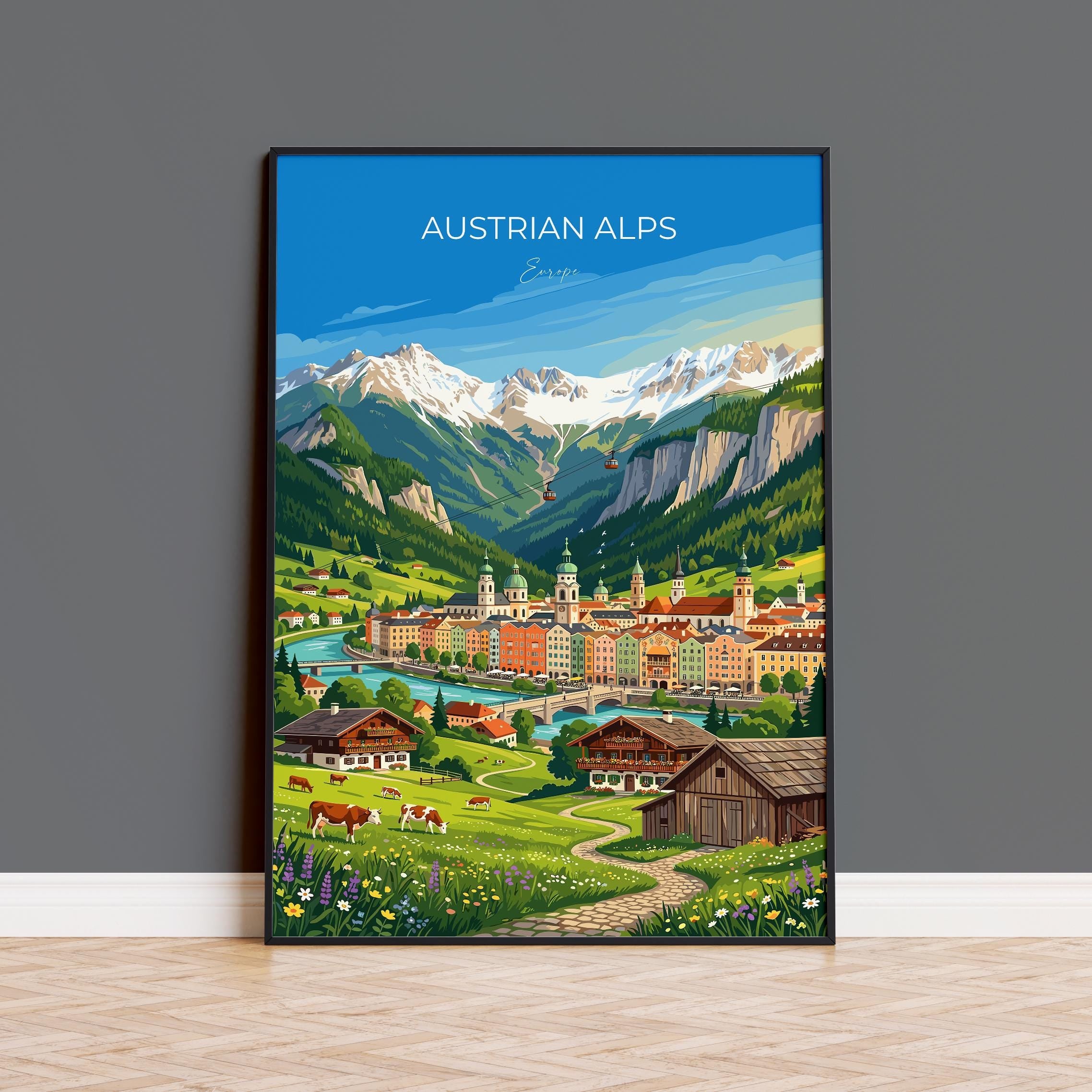 Austrian Alps Travel Print, Austria Mountain Wall Art, Alpine Landscape Poster, Tyrol Mountain Illustration, Vintage Style Europe Decor