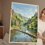Dovedale Stepping Stones Travel Poster, Peak District Wall Art, Derbyshire Landscape Print, River Dove Illustration, UK Nature Decor