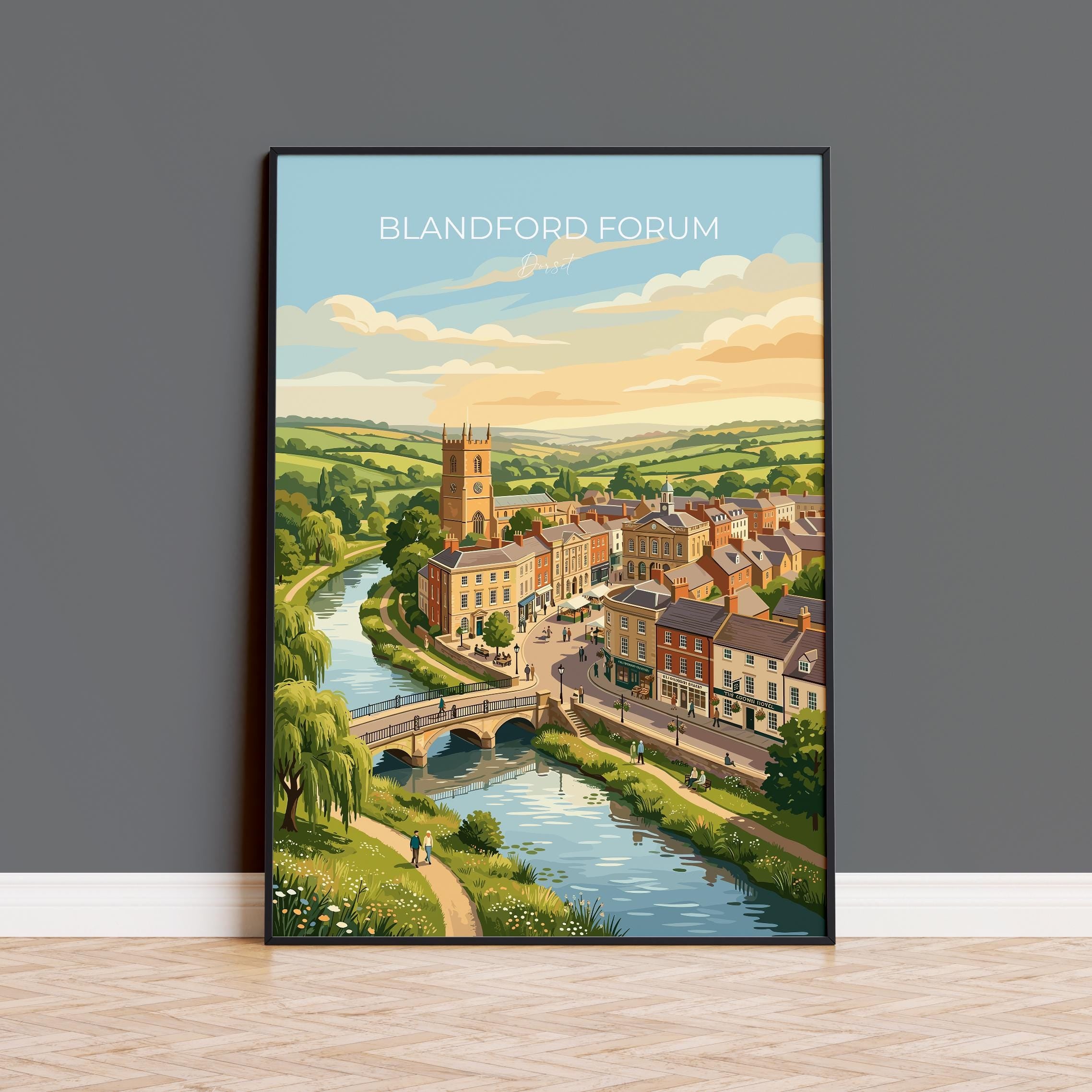 Blandford Forum Dorset Poster, Georgian Market Town Wall Art, River Stour Travel Print, English Countryside Decor, Dorset Gift
