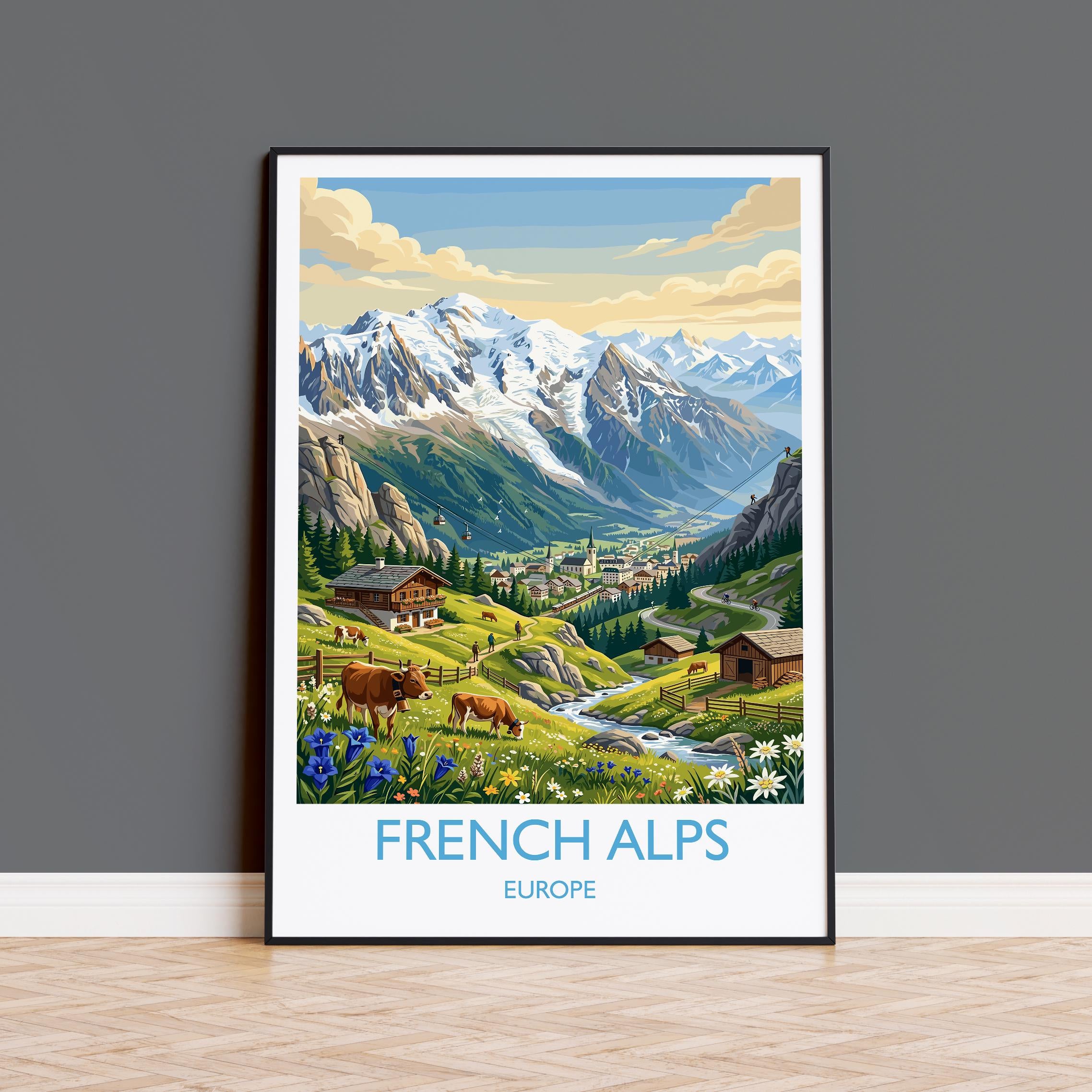 French Alps Travel Poster, Mont Blanc Mountain Wall Art, Alpine Landscape Print, France Mountain Illustration, Vintage Style Europe Decor
