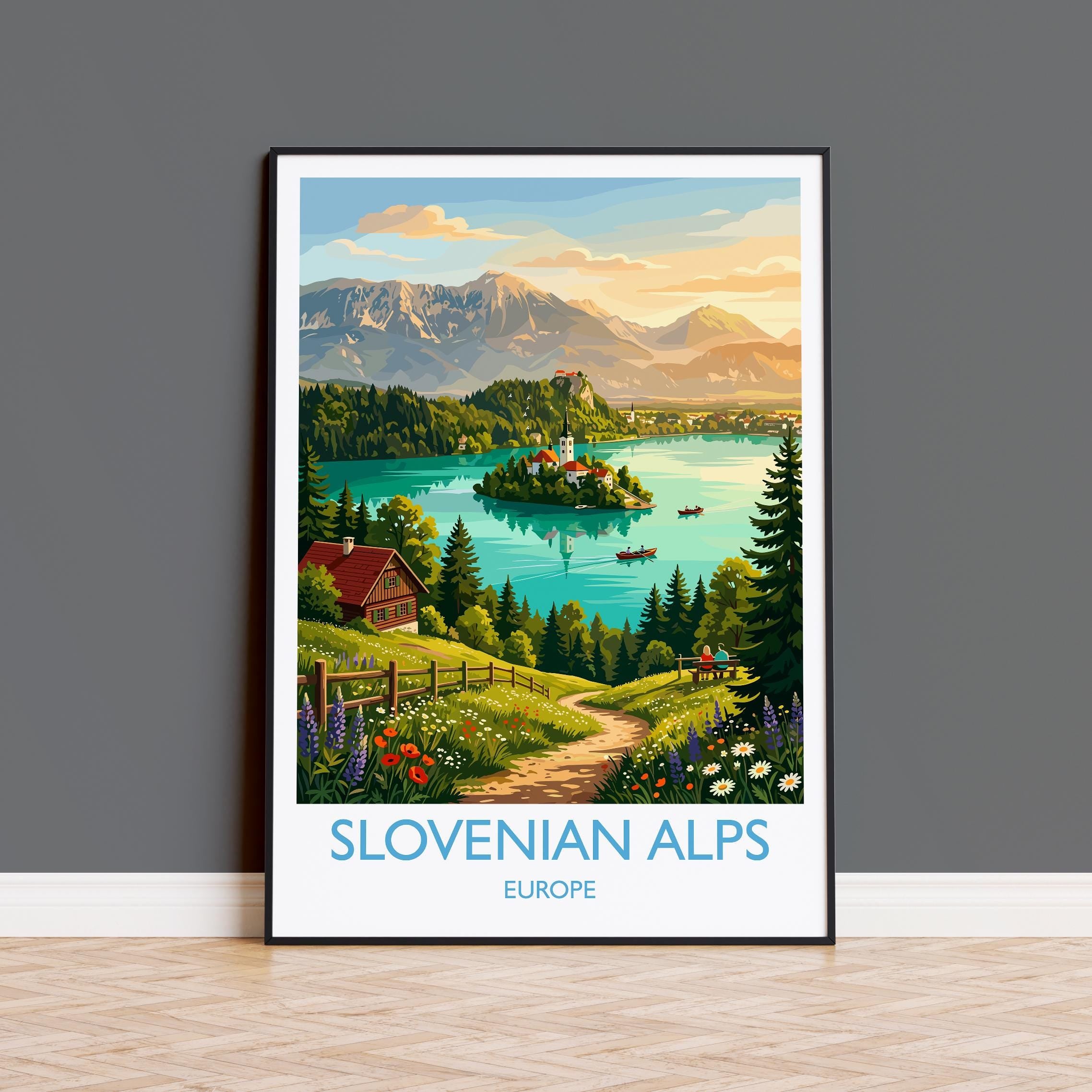 Slovenian Alps Travel Poster, Lake Bled Wall Art, Julian Alps Landscape Print, Bled Island Church Illustration, Vintage Europe Decor