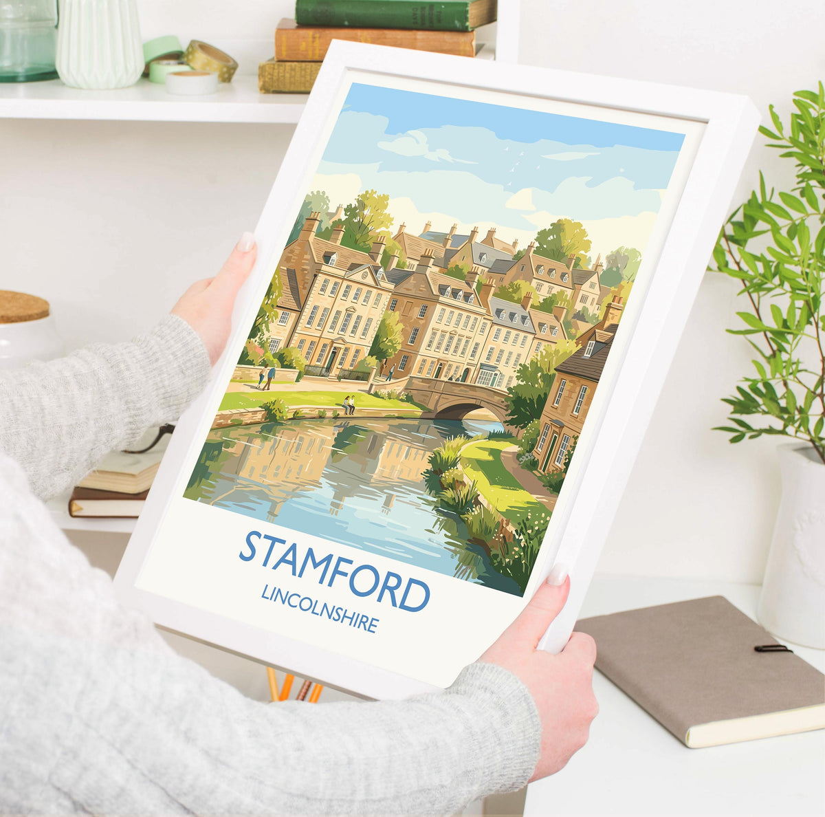 Stamford Lincolnshire Travel Poster, Historic Market Town Wall Art, River Welland Print, Georgian Architecture, Vintage Style UK Decor