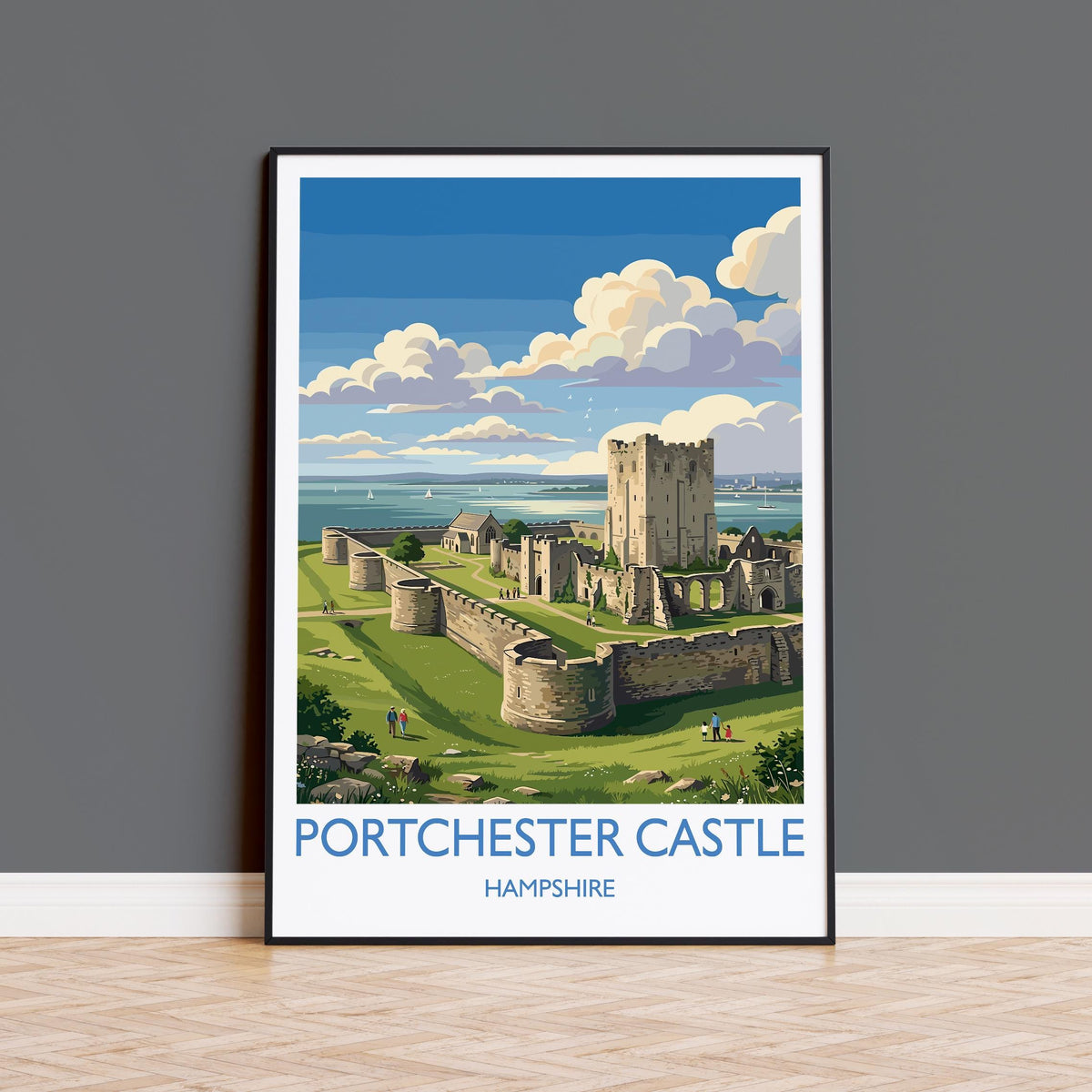 Portchester Castle Print, Hampshire Wall Art with Border, Norman Castle Poster, England Travel Print, Portchester Gift Print