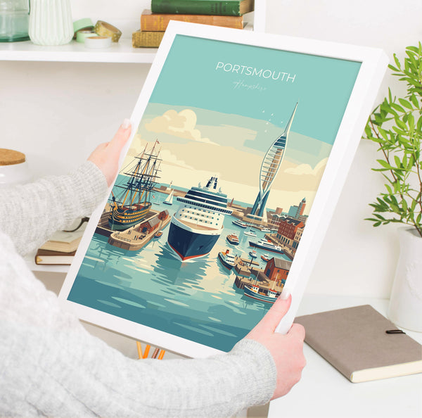 Portsmouth Travel Print Poster, Southsea & Spinnaker Tower Wall Art, Hampshire Coastal City Illustration, UK Travel Decor, Seaside Gift