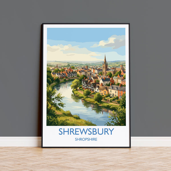 Shrewsbury Travel Poster, River Severn Wall Art, Shrewsbury Town Print, Historic Church Illustration, Shropshire Landscape, UK Decor