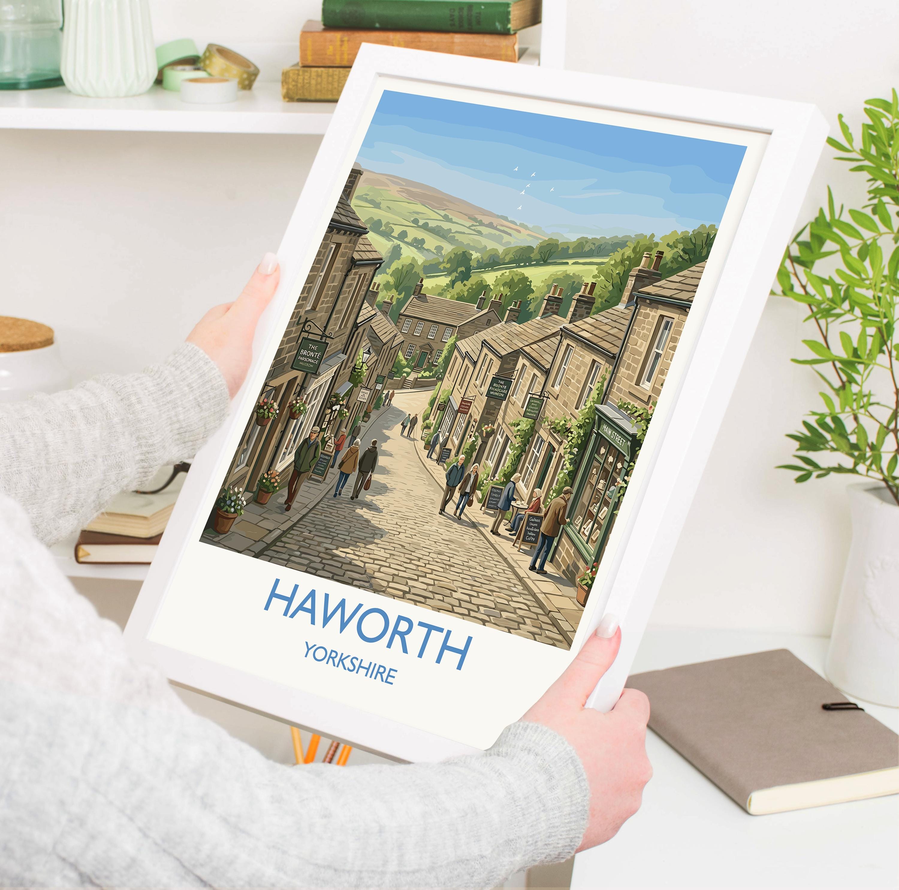 Haworth Yorkshire Travel Poster, Brontë Village Wall Art, Historic Hill & Cottages Print, English Countryside Illustration, Vintage UK Decor NQ Media Designs