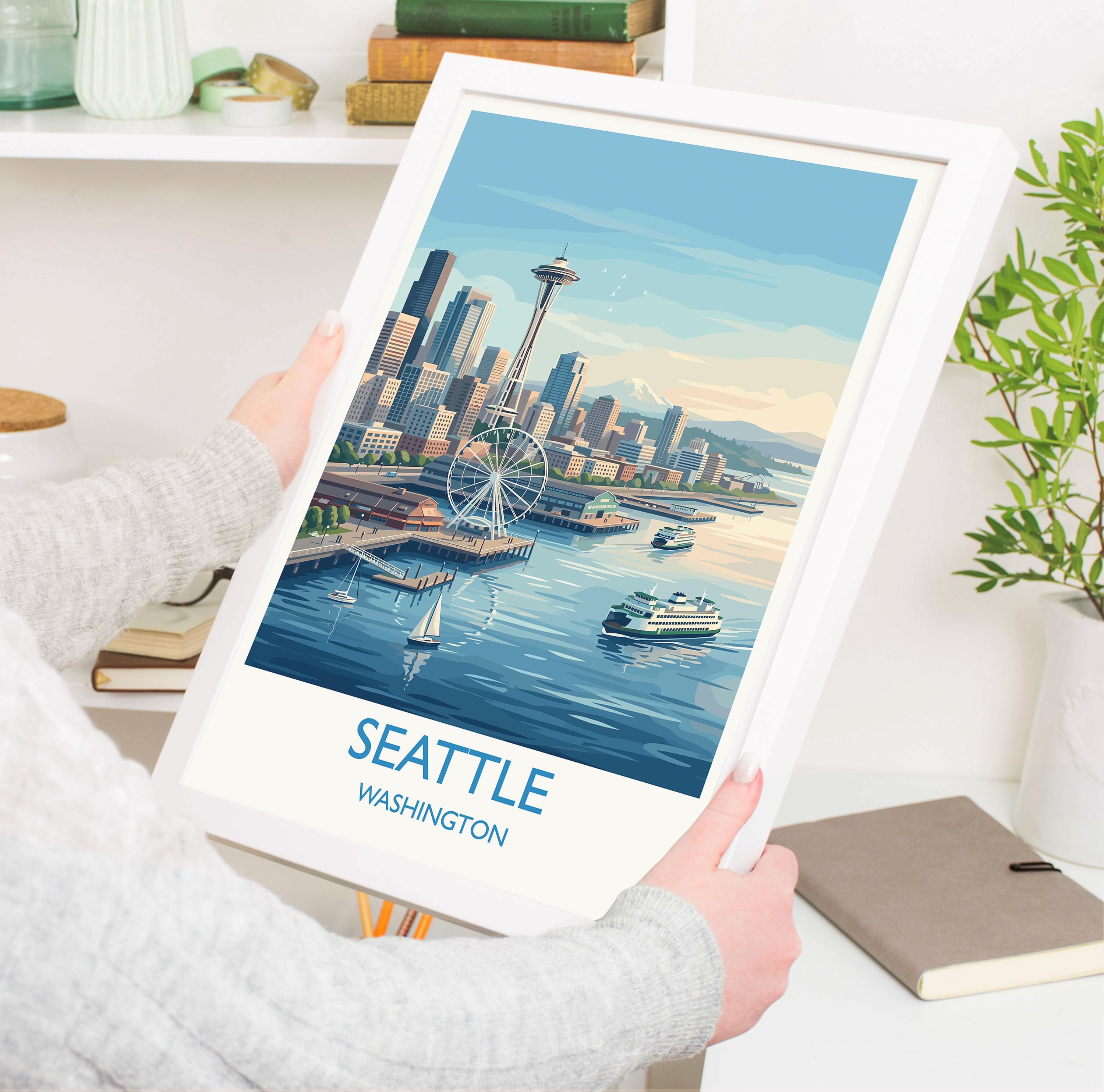 Seattle Washington Travel Poster, Seattle Skyline Wall Art, Space Needle Cityscape Print, Pacific Northwest Illustration, Vintage USA Decor