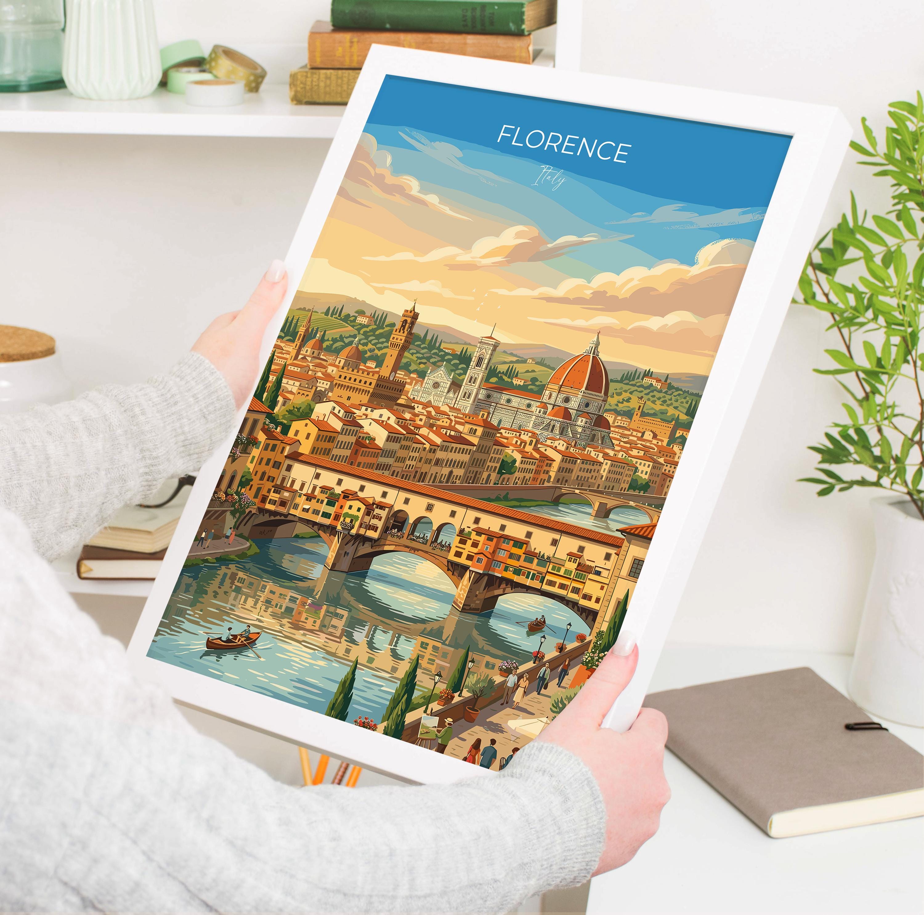 Florence Italy Travel Poster, Duomo Wall Art, Ponte Vecchio Print, Tuscany Skyline Illustration, Vintage Style Italian Decor