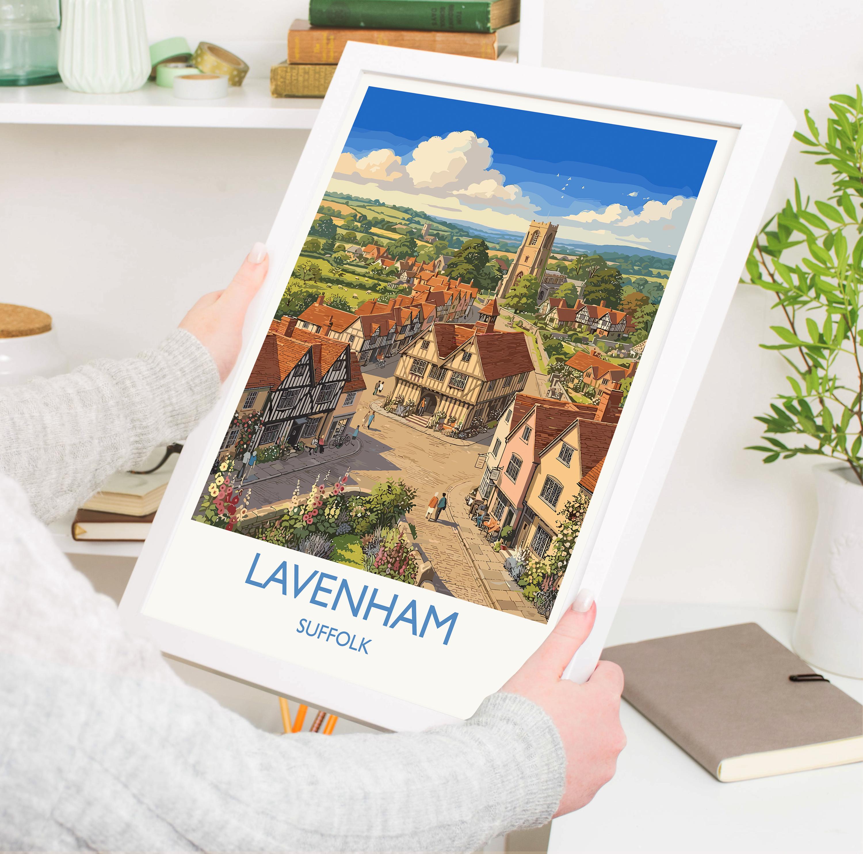Lavenham Suffolk Travel Poster, Medieval Village Wall Art, Guildhall Print, Timber-Framed Houses Illustration, Vintage Style UK Decor