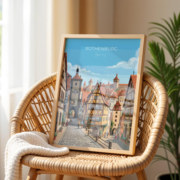 Rothenburg ob der Tauber Travel Poster, Medieval German Town Print, Bavaria Wall Art, Romantic Road Illustration, Germany Travel Decor