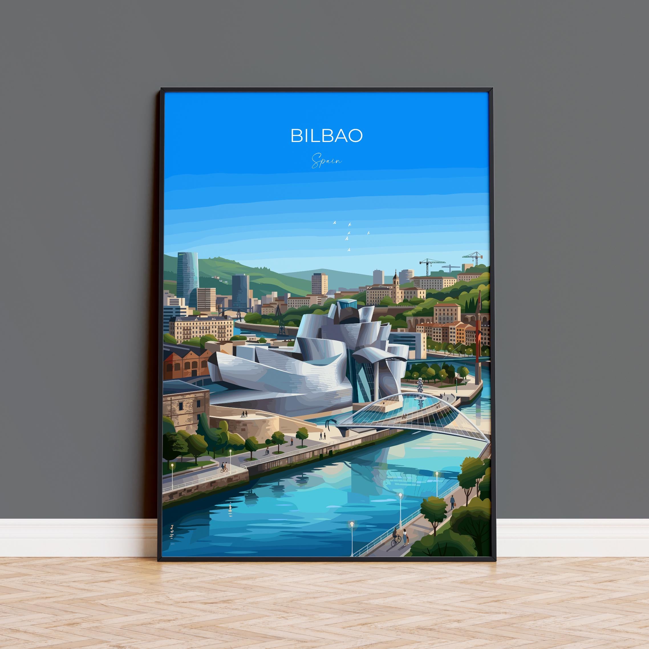 Bilbao Spain Travel Print, Bilbao Skyline Wall Art, Guggenheim Museum Poster, Basque Country Illustration, Vintage Style Europe Decor