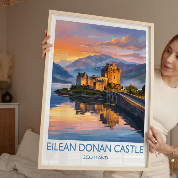 Eilean Donan Castle Scotland Travel Poster, Scottish Highlands Castle Sunset Wall Art, Landscape Print, Iconic Scotland Illustration,