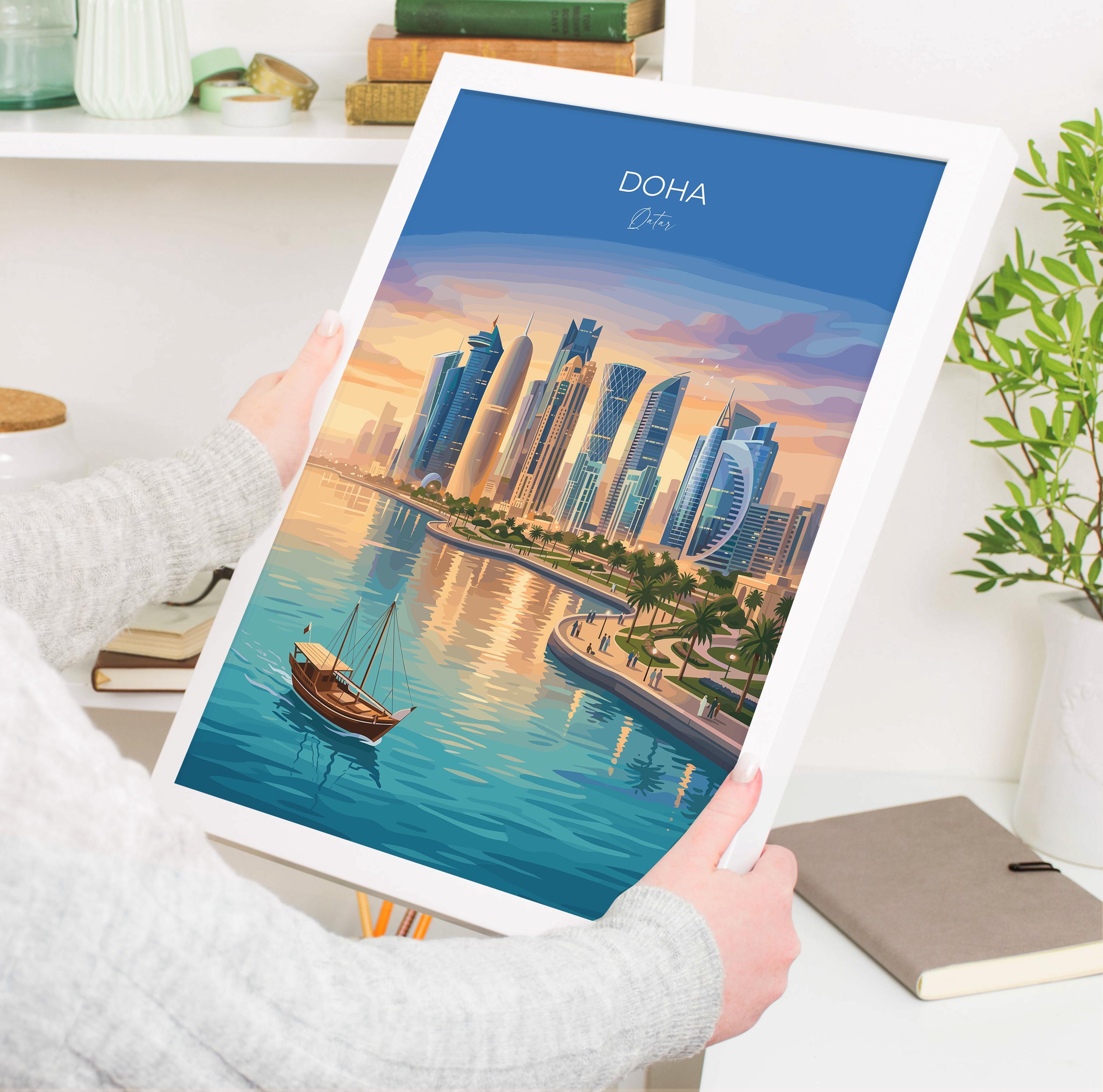 Doha Qatar Travel Print, Doha Skyline Wall Art, Modern Cityscape Poster, Arabian Gulf Illustration, Vintage Style Middle East Decor