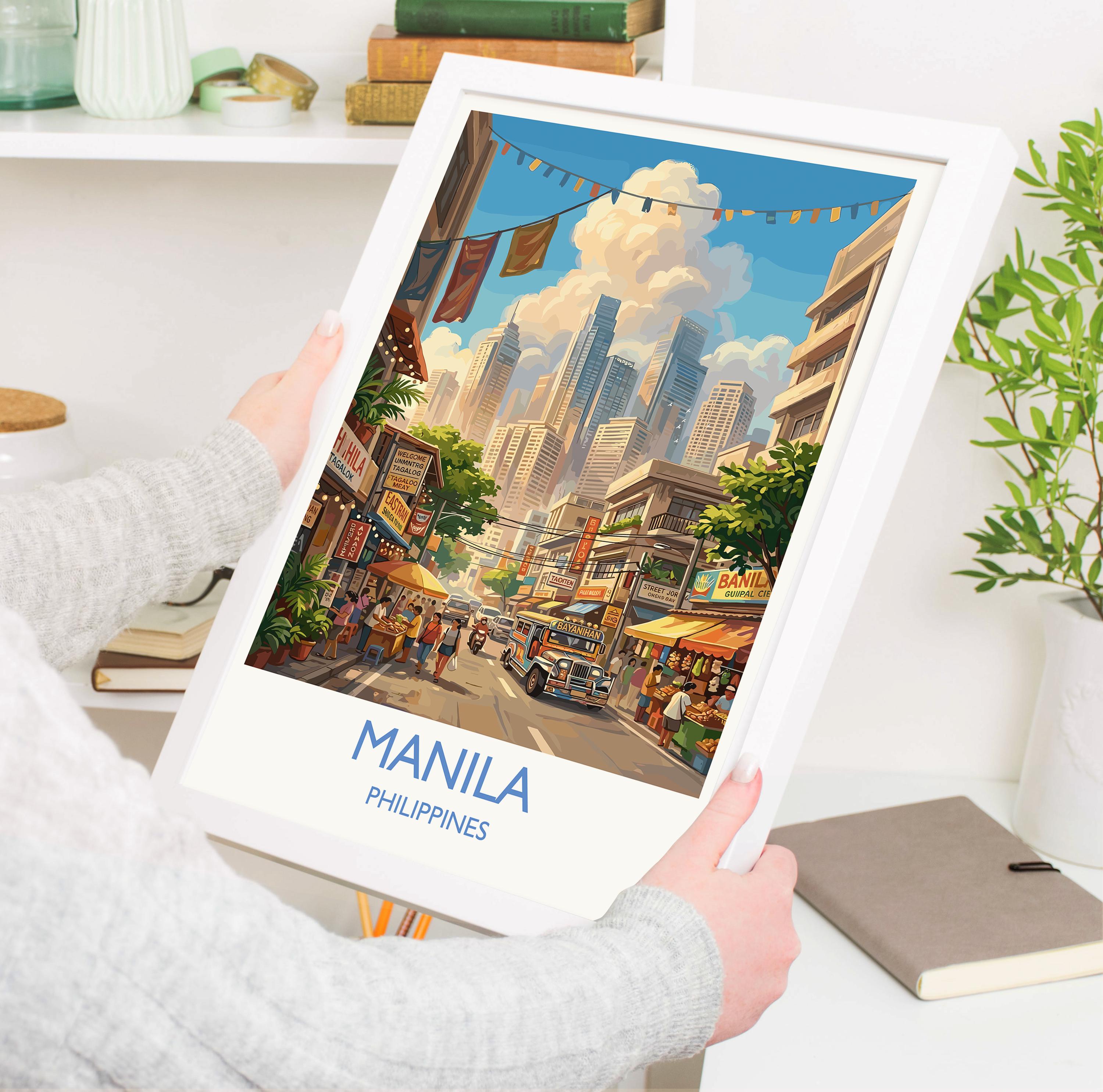 Manila Philippines Travel Poster, Manila City Wall Art, Skyline & Bay Illustration Print, Vintage Style Asian City Decor, Philippines Gift NQ Media Designs