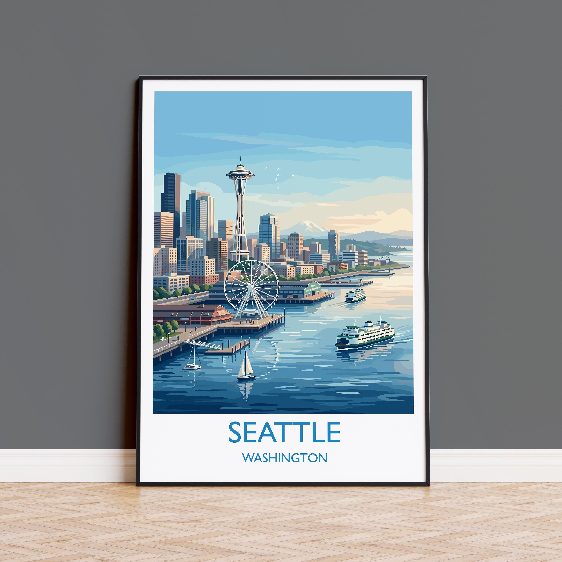 Seattle Washington Travel Poster, Seattle Skyline Wall Art, Space Needle Cityscape Print, Pacific Northwest Illustration, Vintage USA Decor