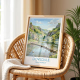 Dovedale Stepping Stones Travel Poster, Peak District Wall Art, Derbyshire Landscape Print, River Dove Illustration, UK Nature Decor