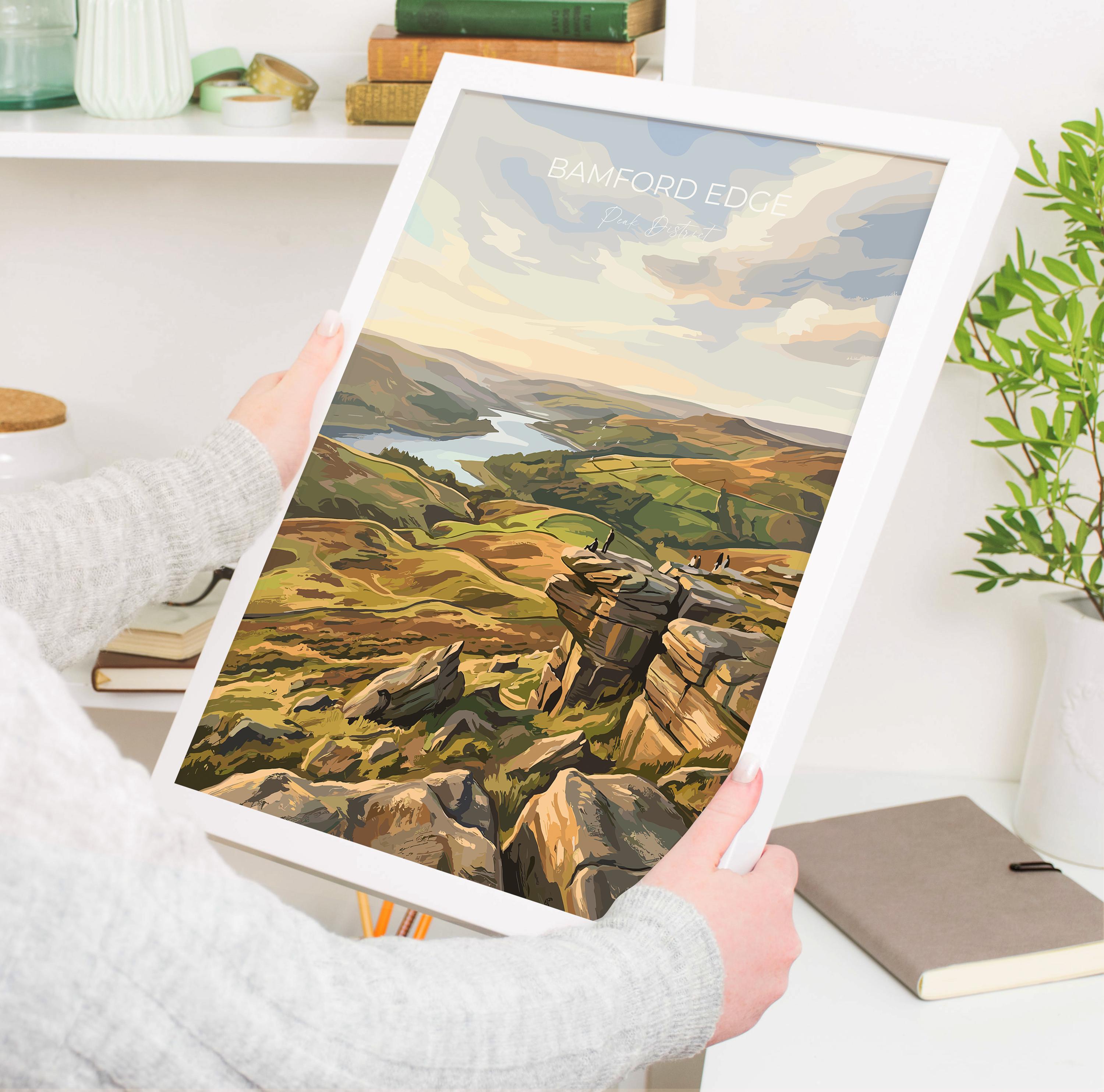 Bamford Edge Travel Print, Peak District Wall Art, Derbyshire Landscape Poster, Hope Valley View Illustration, Vintage Style UK Nature Decor