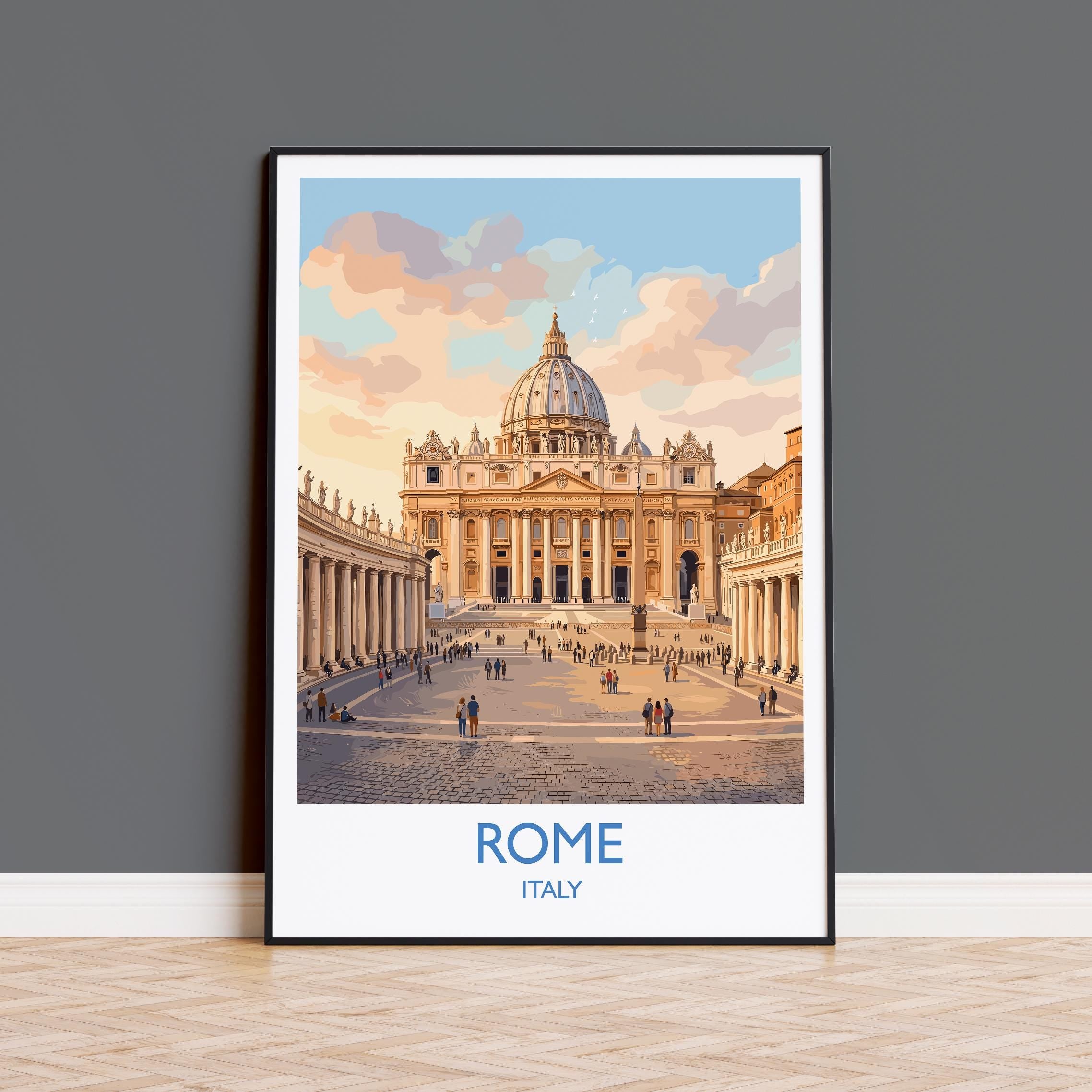 Rome St Peters Basilica Travel Poster, Vatican Skyline Wall Art, Tiber River View Print, Historic Cityscape Illustration, Italy Decor
