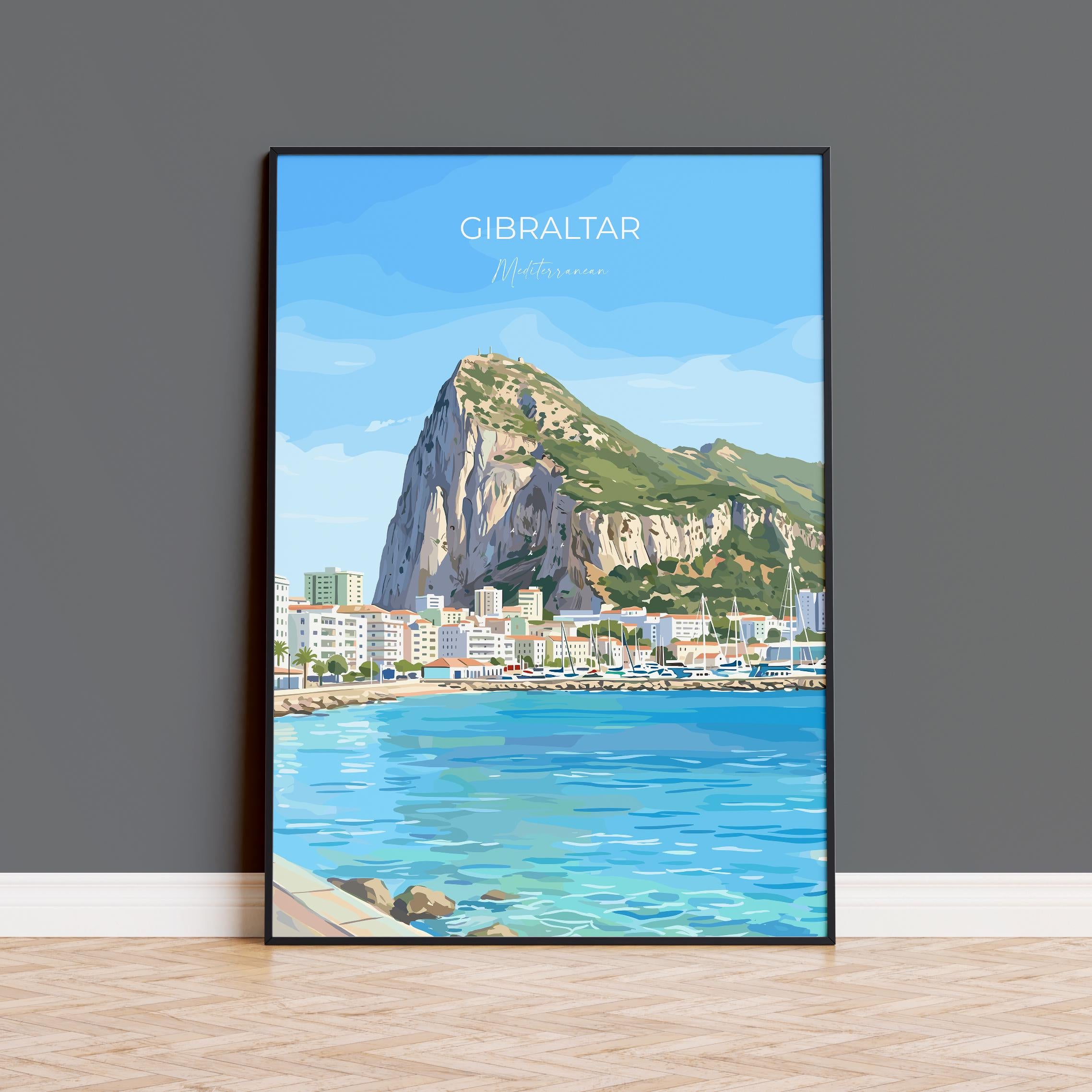 Gibraltar Travel Print, Rock of Gibraltar Wall Art, Mediterranean Coastal Poster, Historic Peninsula Illustration, Vintage Style Decor