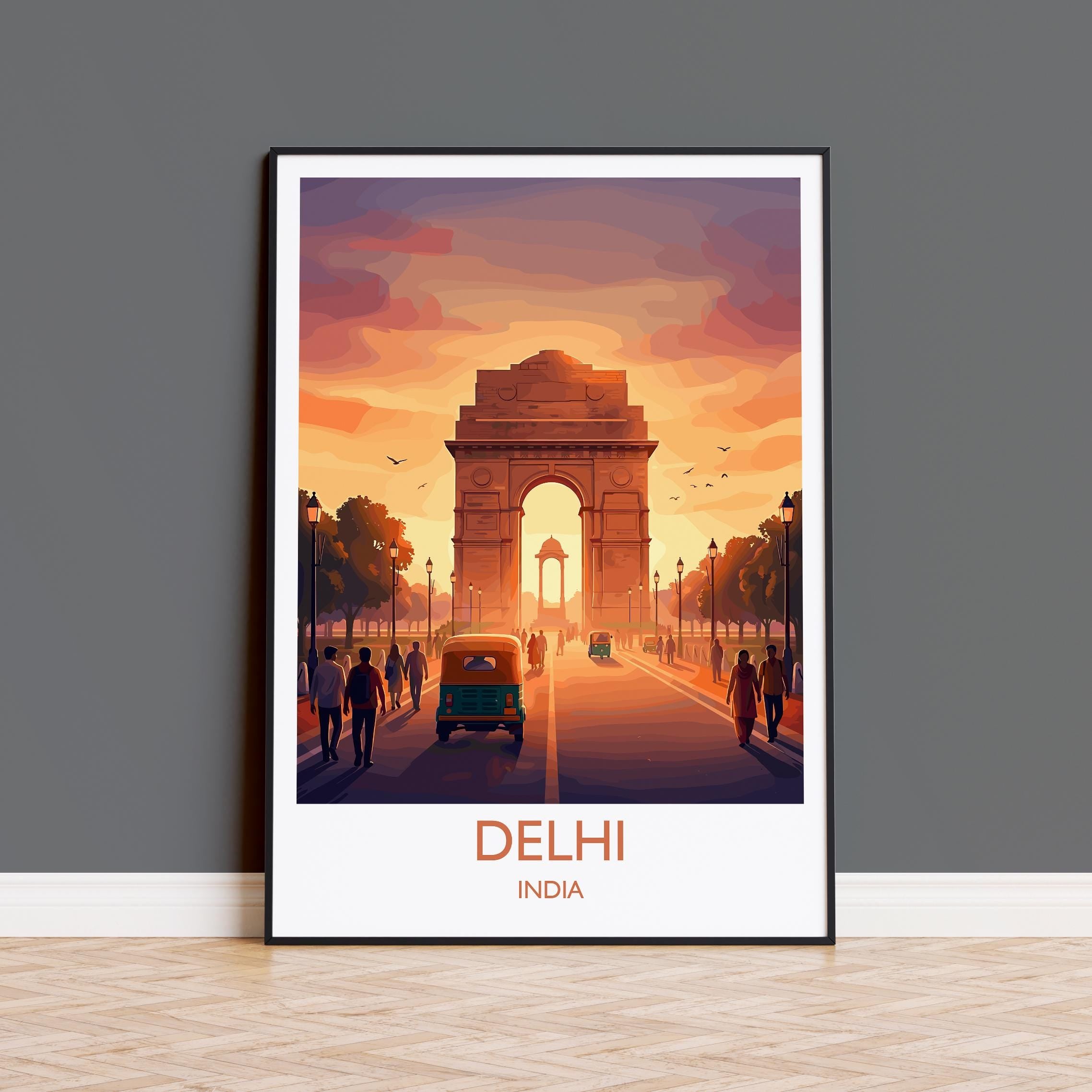 Delhi India Travel Poster, India Gate Wall Art, Delhi Landmark Print, Sunset Monument Illustration, Vintage Style Asia Decor, India Gift